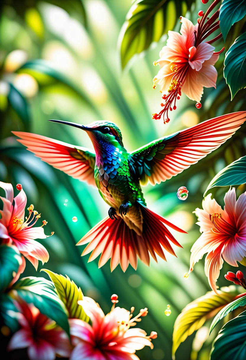 (best quality,4k,8k,highres,masterpiece:1.2),ultra-detailed,(realistic,photorealistic,photo-realistic:1.37),colorful hummingbird,beautiful feathers,long beak,fast flapping wings,flying in mid-air,small bird,elegant creature,nature's jewel,hovering over blooming flowers,vibrant garden,exotic bird species,delicate bird movements,vivid colors,sunlight illuminating the wings,hummingbird feeding on nectar,tiny bird in a magnificent world,sparkling iridescent plumage,sharp focus,green foliage,crimson flowers,detailed leaves and petals,tropical paradise,wildlife photography,macro shot,translucent wings,playful flight patterns,feathers glistening in the sunlight