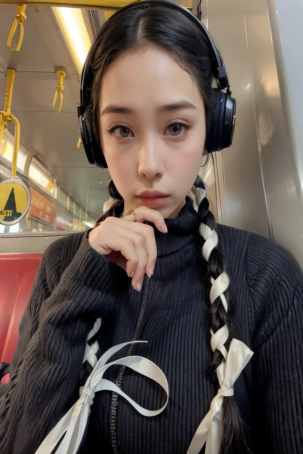 arafa woman wearing headphones and a black sweater sitting on a train, Kiko Mizuhara, with black braids, dilraba dilmurat, gema chen, com fones de ouvido, com fones de ouvido, Bella Poarca, usando fones de ouvido pretos, ela parece uma mistura de sujeira, basia tran, Eva Elfie, Kuvshinov Ilya, Lulu Chen