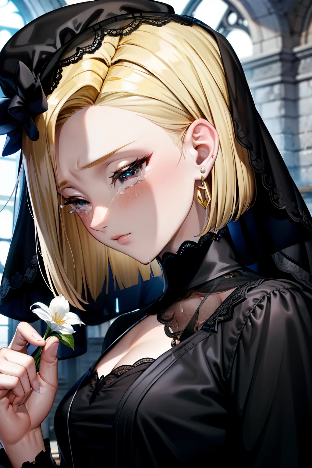 highest quality, High resolution, and 18, 1 girl, android 18, alone, blonde hair, short hair, earrings, jewelry, (black mourning dress:1.3), Black formal dress, (Black little hat:1.3), (black lace veil:1.3), medium breasts, look down, close your eyes, (tears:1.1), from an angle, from the side, close up, silent prayer, holding a white flower in your hand, church background