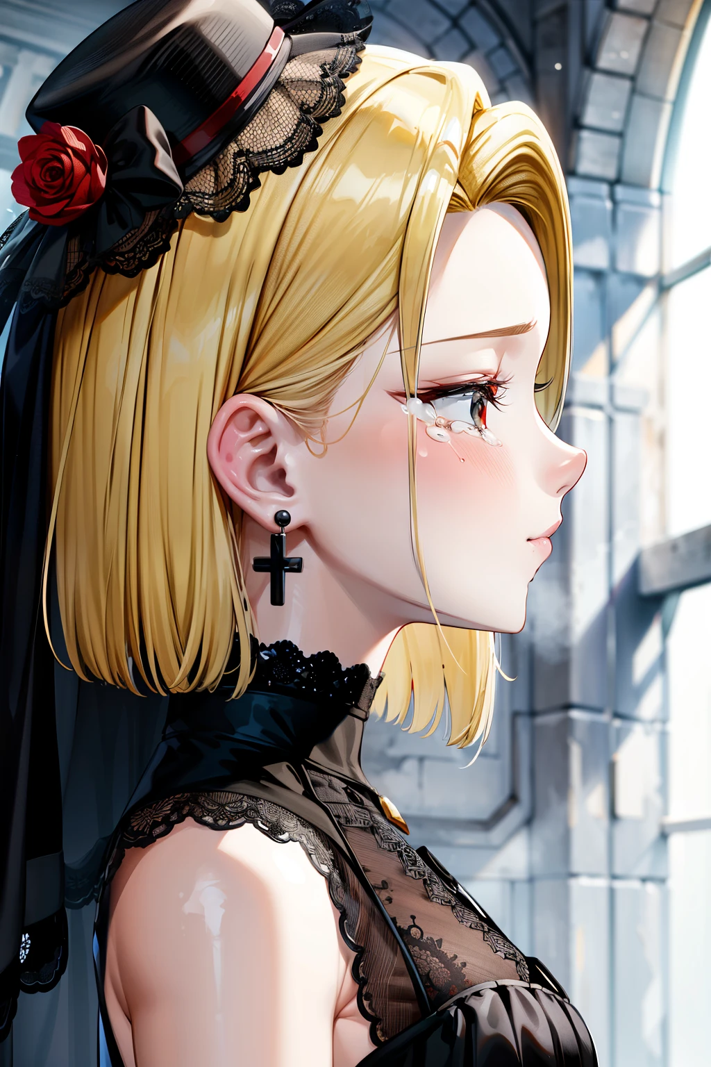highest quality, High resolution, and 18, 1 girl, android 18, alone, blonde hair, short hair, earrings, jewelry, (black mourning dress:1.3), Black formal dress, (Black little hat:1.3), (black lace veil:1.3), medium breasts, look down, close your eyes, (tears:1.1), from an angle, from the side, close up, silent prayer, holding a white flower in your hand, church background