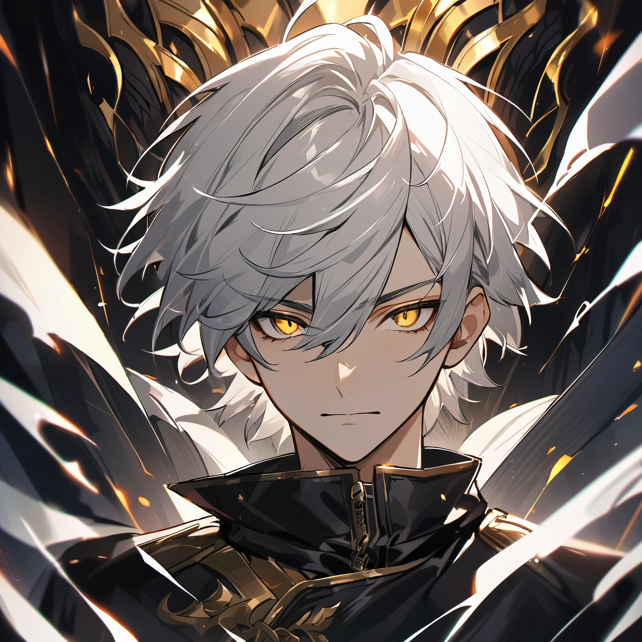 Handsome male, 1male, 17 years old, teenager, golden lining, short white hair, flat cut hair, sharp eyes, gold eyes, devil may cry, close up, calm expression, stoic, black leather clothes, black jacket, black gloves, upper body, looking at viewer, cowboy shot, black dragon background