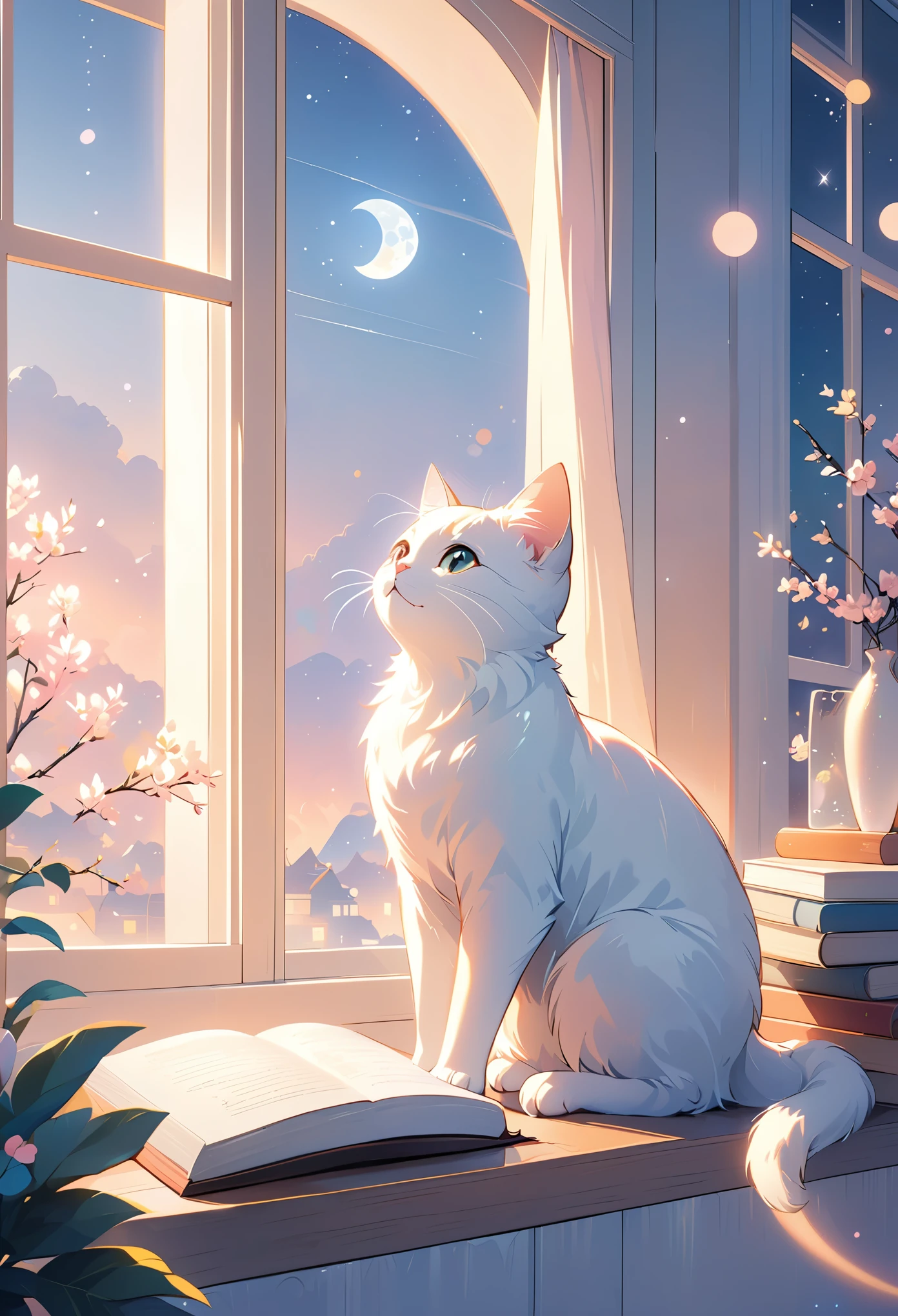 (highest quality:1.2), Beautiful lo-fi minimalist vibe, Cat, Book, window, moon, light bokeh, In soft colors, Sparkling, dynamic side angle, Natural soft lighting, 8K resolution, figure, pastel four colors