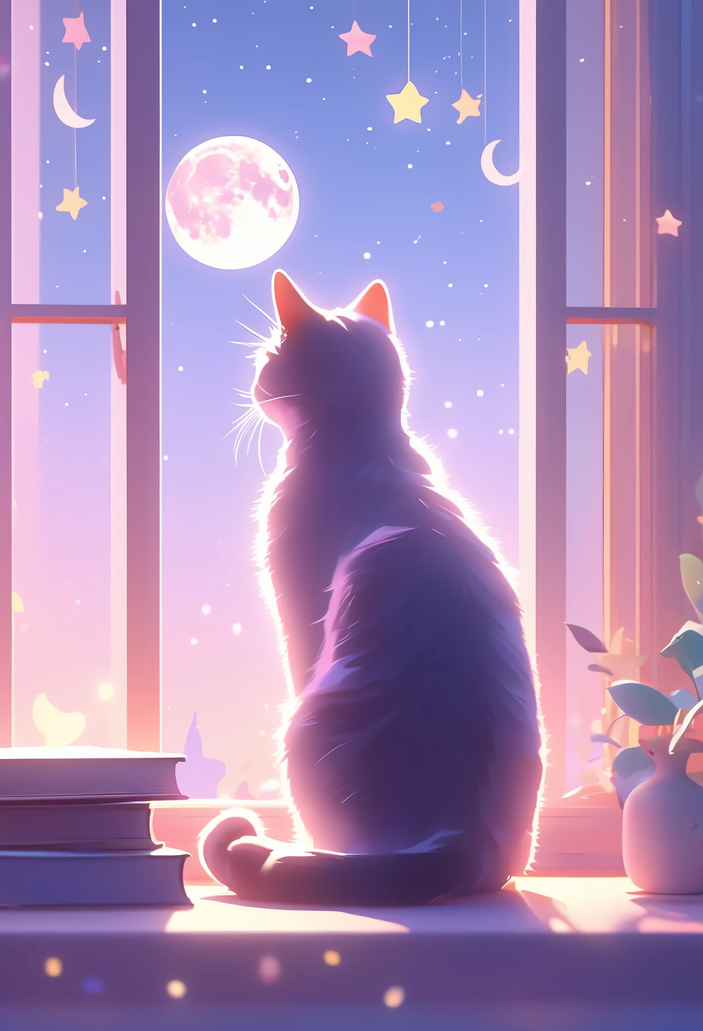 (highest quality:1.2), Beautiful lo-fi minimalist vibe, Cat, Book, window, moon, light bokeh, In soft colors, Sparkling, dynamic side angle, Natural soft lighting, 8K resolution, figure, pastel four colors