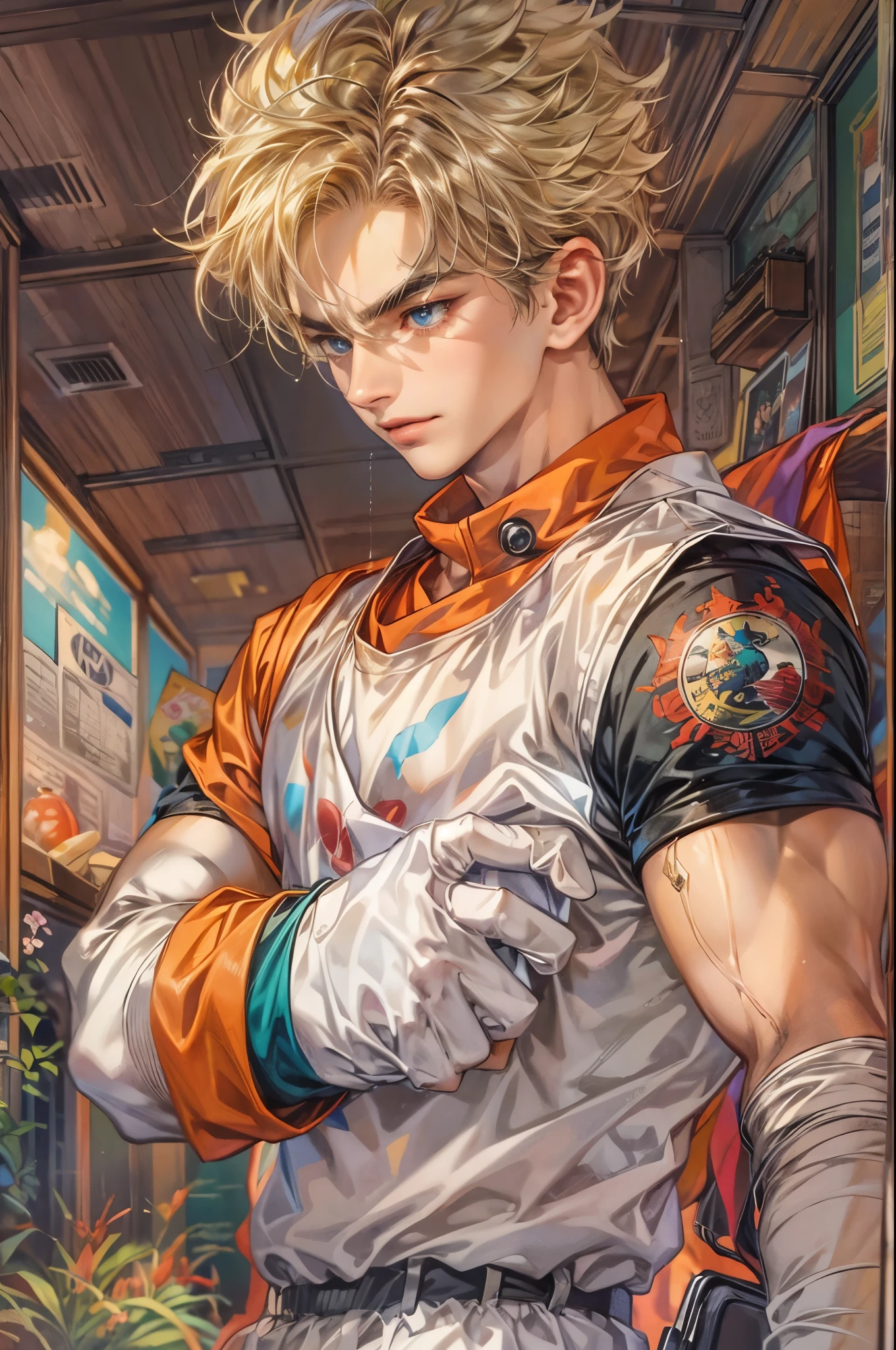 ((Best quality)), ((masterpiece)), (detailed), ((perfect face)), ((halfbody)) handsome face, male, teen boy,  perfect proportions , a character from anime Dragon ball Z, akira toriyama art style, short hair, male version , detailed ghibli interior scenery background 