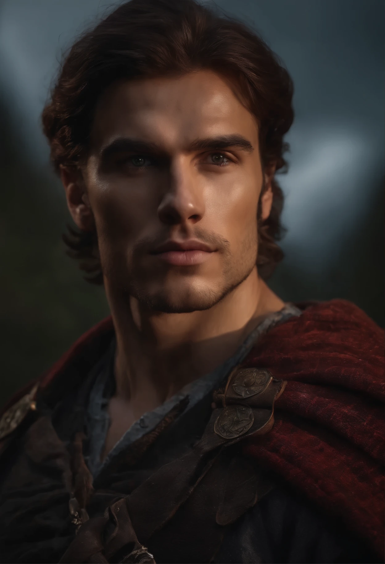 8k, masterpiece, RAW photography, best quality, photorealistic, highly detailed CG unity 8k wallpaper, depth of field, cinematic light, raw, (extremely beautiful and charismatic face, beautiful lips, beautiful eyes), intricately detailed face, (ultra detailed skin), 1 man, in nature, in deep shadows, beautiful young scottish male, (very strong and muscular body:1.3), (topless), (great determined look) :1.3), (shirtless), (highlands, dark night, starry night, blurred background), barechest, tartan kilt, long brunette hair, full-body, dramatic light, storm