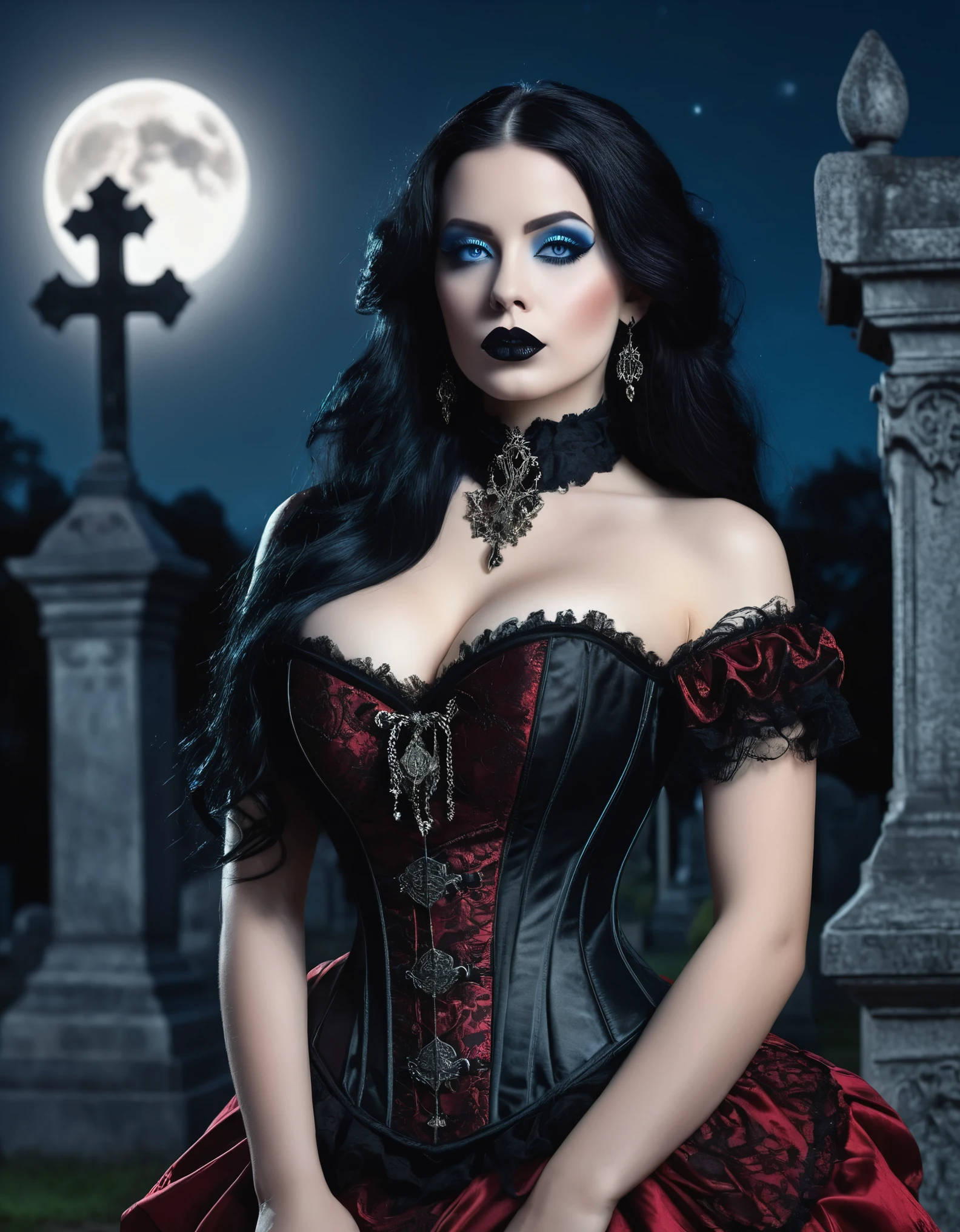 A beautiful woman, hourglass figure, large breast , long black hair, black lipstick, blue eyes, seductive Goth style with Goth jewelry, wearing a (ornate Victorian corset in Duotone [red and black] style:1.3), standing in a cemetery  in the early at night under a full moon, (Fogcore style:1.3), (full body:1.3), hyper realism, 8k high definition, vibrant colors, sharp focus, insanely detailed