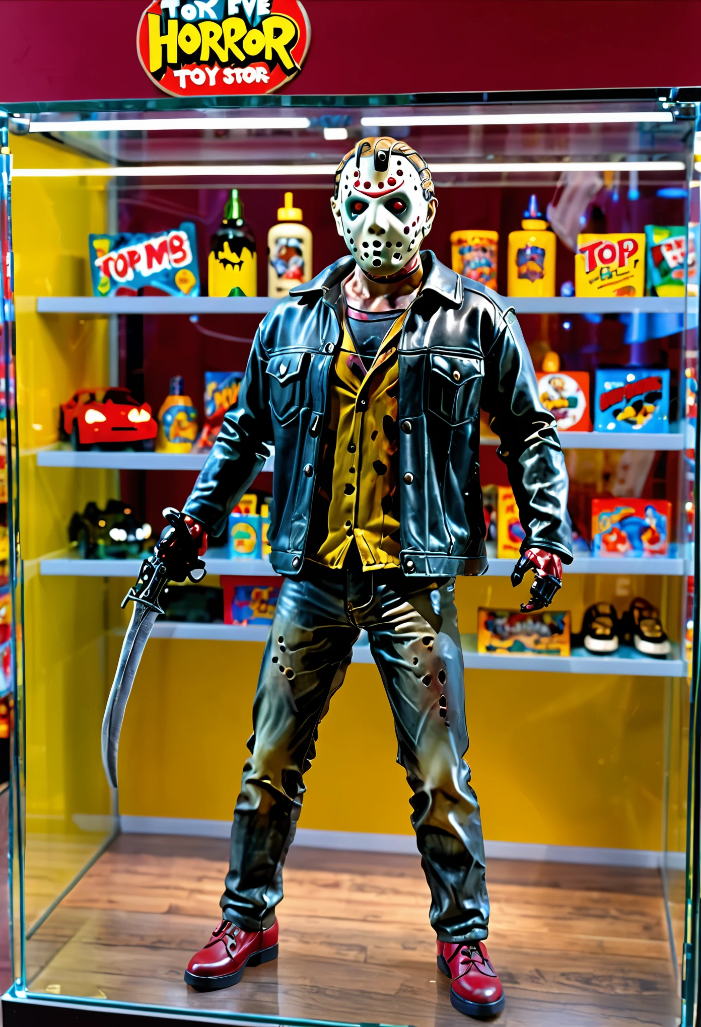 A model replica of Jason from Horror Movies is on display in a toy store. Top five department stores in a glass box, very detailed, raw style, 8k full hd