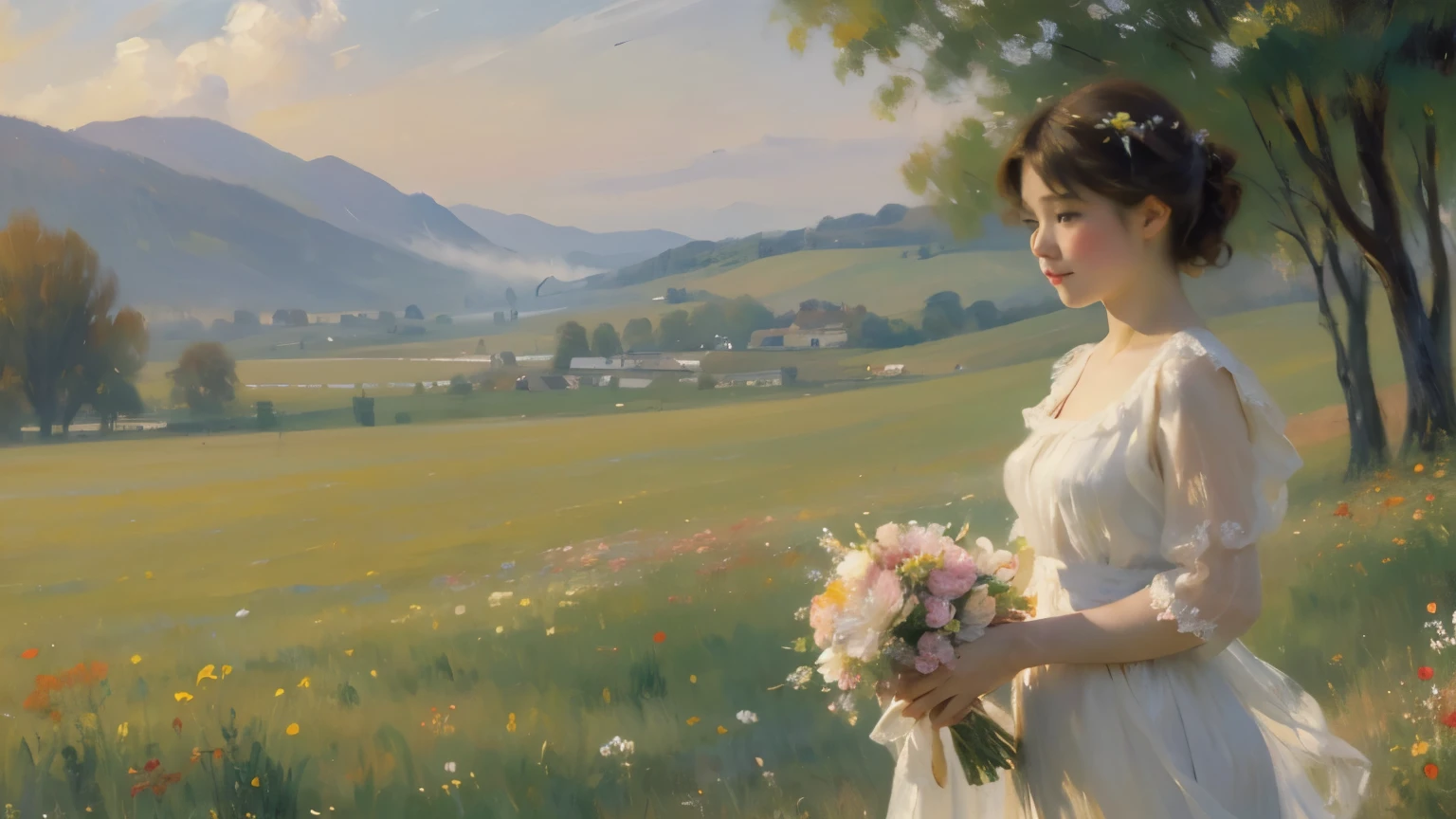 ((Sargent style watercompressionist style painting、Renoir style、(highest quality、masterpiece)、soft light、Countryside painted on a foggy morning、Create a fantastic scene in a misty meadow on a calm morning、Draw delicate and blurry brushstrokes、Capturing the elusive nature of fog、Further enhance the calm atmosphere of the countryside、Woman standing on hill with flowers in hand、Holding a bouquet of flowers in your hand、