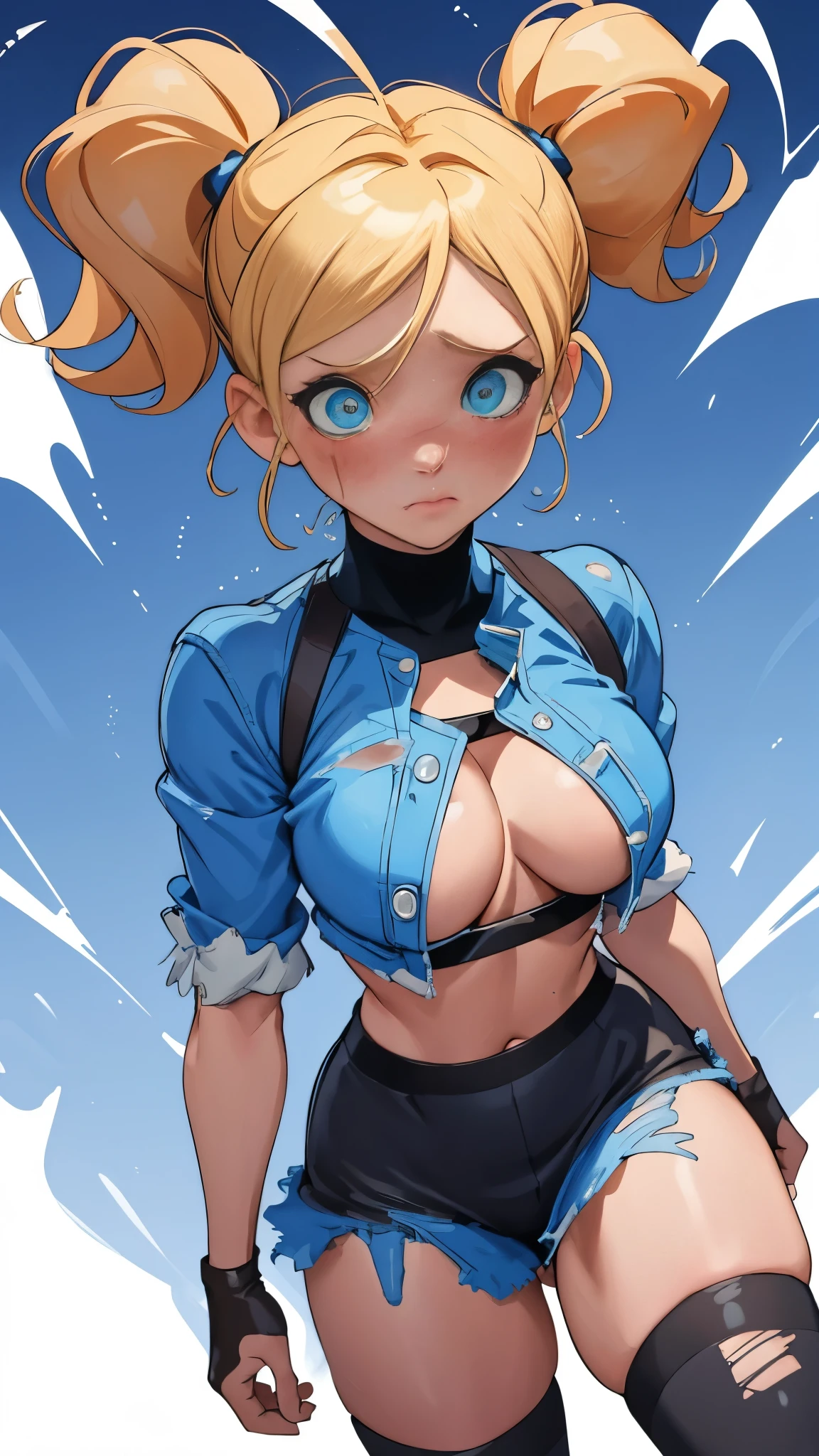 Bubbles from Powerpuff Girls as a Violent Mature Themed Action Anime, blonde pigtails:1.4, bloodied up battle damage and wear, Damaged and Ripped clothes, large bouncy breasts:1.2, blue and black clothes, 