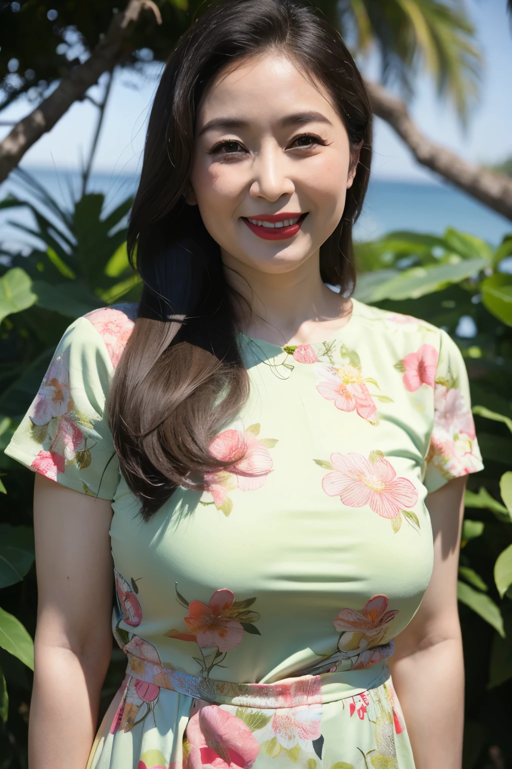 Draw lips correctly, red lipstick, from chest up, best quality, Super detailed, lifelike, Super fine skin, perfect anatomy, (1 日本Mature的女人), (alone),Wear a floral green round neck dress,short sleeve,wavy long hair,37-year-old female,Mature,charming smile,beach background,stand,Chubby,Big breasts,full-body shot。