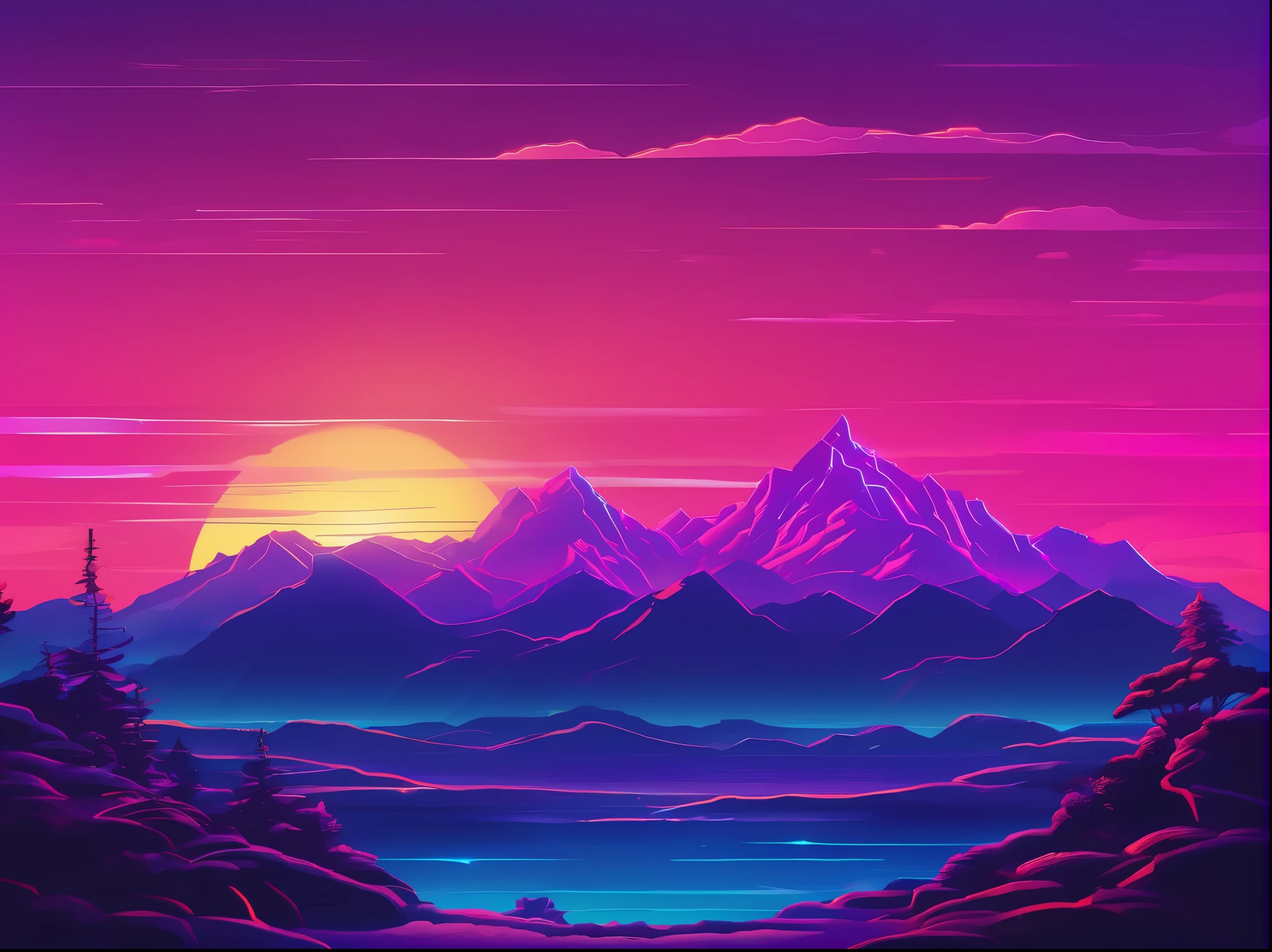 Close-up of purple and blue sunset over mountains, Vaporwave lighting style, Vaporwave wallpaper environment, neon synthwave, vaporwave sunrise background, neon landscape, retro wave, Retro trend, retro pink synthwave style, synthwave background, synthwave aesthetic, [ 4k synthwave art style ]!!