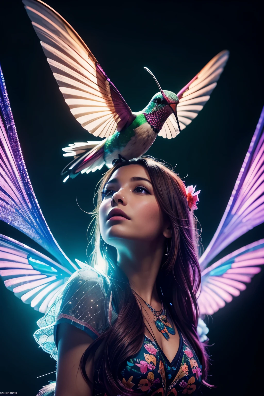 (best quality,highres,ultra-detailed),(realistic,photorealistic:1.37),mechanical hummingbird,plasma-sipping,fantastical,vivid colors,portraits,fluorescent flowers,light source,bokeh,surreal lighting,masterpiece:1.2