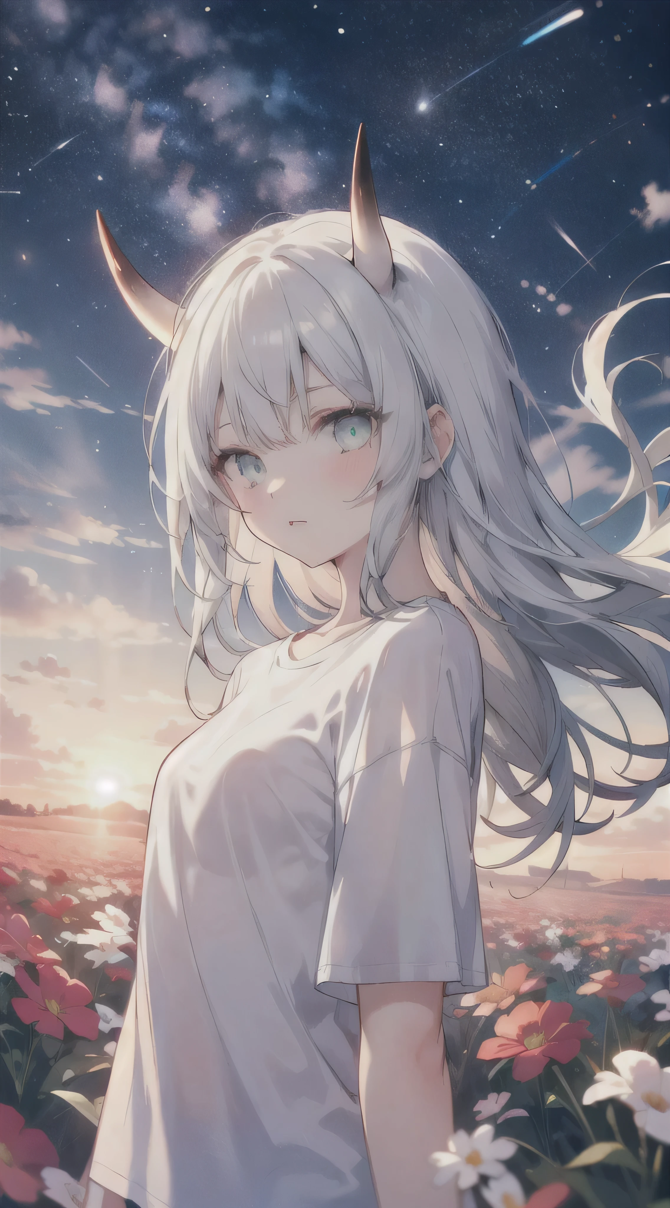 masterpiece, best quality, glowing eyes, very accurate, full HD, dept of field, 1 girl, long hair, gray hair, bangs, (bright aqua eyes), (white T - shirt only), floating hair, oni horns, in a flower field, sunset , gradient sky, shooting stars, galaxy