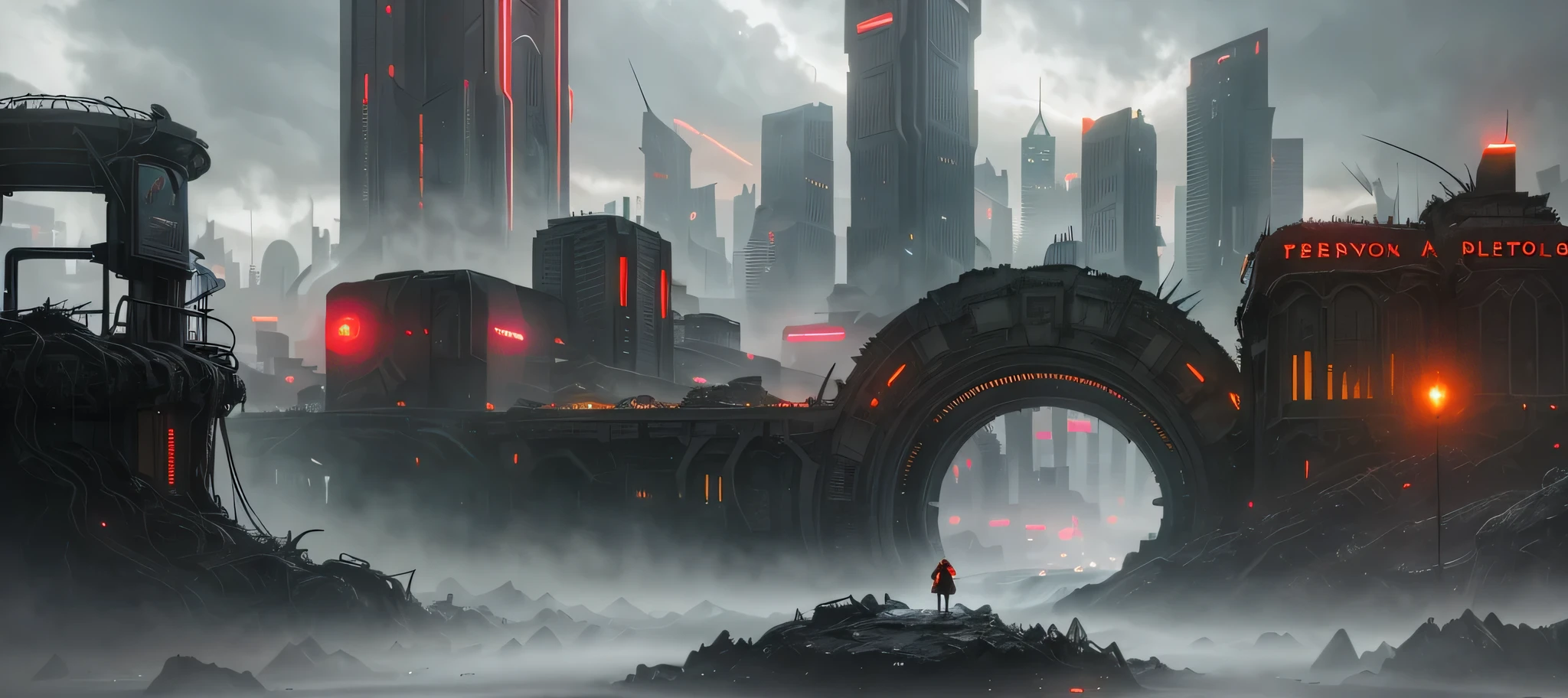 The painting depicts a surreal and futuristic landscape, A blend of awe-inspiring beauty and terror. The sky is deep, Pulsed red, The clouds seem to be alive,On the move. In the distance, Great city view view, towering skyscrapers, Neon lights, and a row of buildings. The city is illuminated by various colors and displays, Adds an overall feeling of awe and wonder.
Sin embargo, There is also a sense of horror in the picture. Buildings and structures appear to be in a state of decay and disrepair, Broken windows, Missing parts, and cracked facades. The city is vibrant, But there is a sense of confusion and unease, It seems that something is wrong.
In the foreground, There is a huge one, Sentient beings, With a distorted and inhuman appearance. Presence consists of wires, circuit, and mechanical parts, It seems to be coming out of the ground, As if rising from the depths of the earth. Its eyes glow with an intense, Red light, Its mouth opened, Rows of sharp sharpness are revealed, Metal teeth.
The background is shrouded in darkness, Only a few, Dim lights are visible in the distance. There is a sense of the unknown and uncertainty, As if the world beyond the cityscape is vast and wild.
The painting captures the essence of a surreal and futuristic world, A blend of awe-inspiring beauty and terror. The images are visually stunning, It shows the world in new and unusual eyes, A mix of the familiar and the unknown.
High detail RAW color art, animation, Cartoon, (white theme), (intricately details, Fine details, ultra - detailed), Ray traching, Subsurface scattering, ((pastel colour)), diffused soft lighting, Shallow depth of field, By (Oliver Wetter), author:Stanley Kubrick, shot on a Canon EOS R5, 28mm lens, f/2.8, Sharp focus bokeh