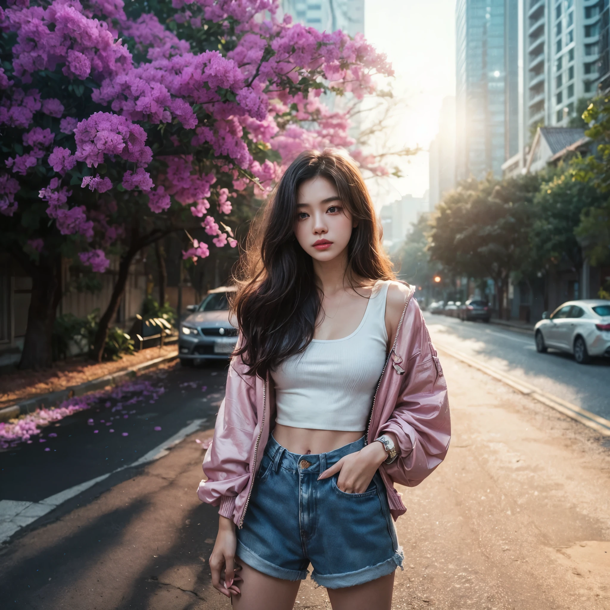 Cinematic photography of a beautiful asian girl standing on a street lined with trees adorned with bright purple flowers. TThe girl was wearing a white tank top covered with a pink trucker jacket and blue short jeans. In the background, urban buildings and a parked car are visible. The scene exudes a serene atmosphere, bathed in natural light, creating a lens flare and background light. Dolly ramp transition effect, profesional color gradient, Shot by realme 12 pro