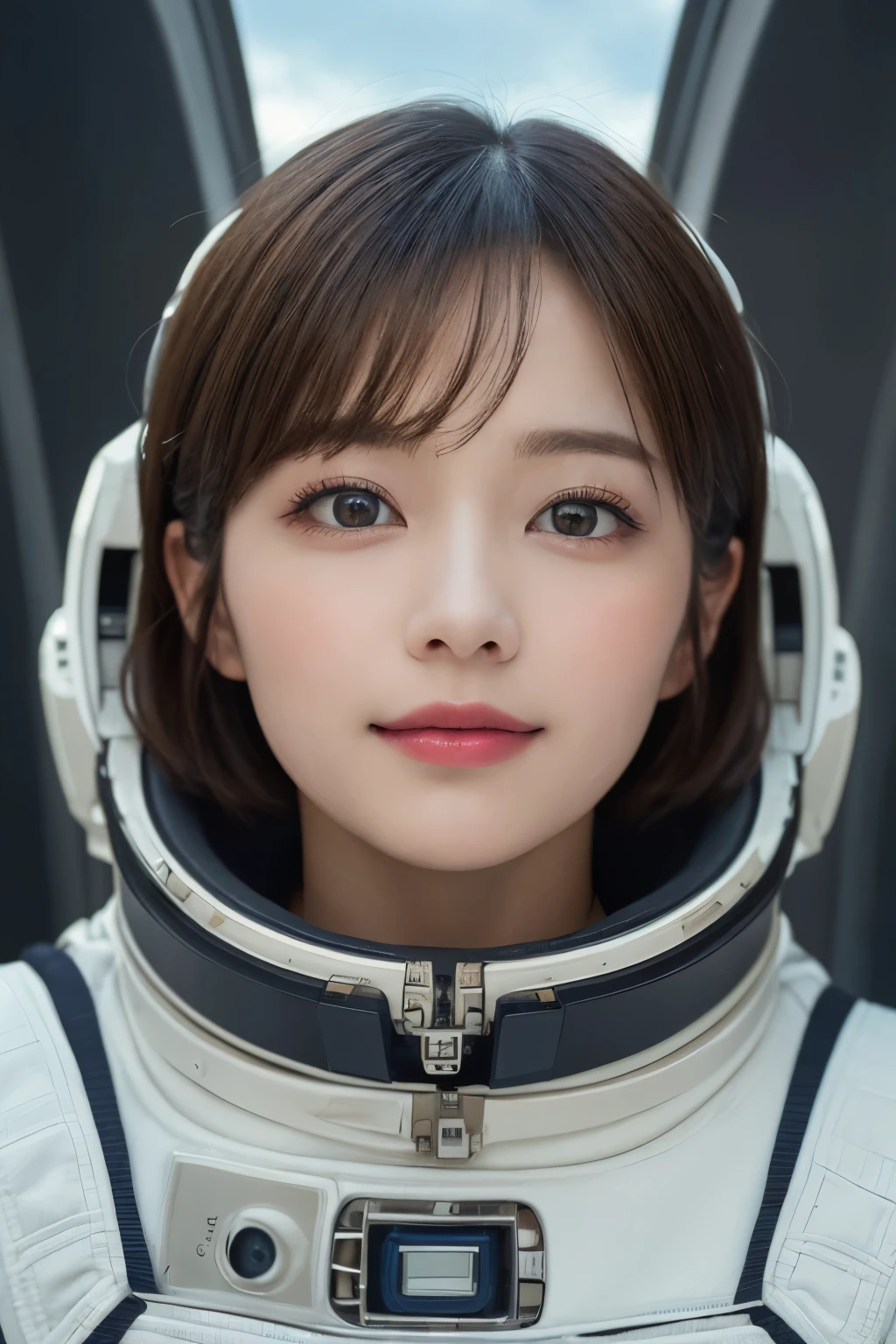 highest quality、masterpiece、ultra high resolution、(real:1.4)、Beautiful woman１、Beautiful details of eyes and skin、light brown short cut hair、perfect space suit、small smile、spaceship、macrocosm、Remains、rocky mountain、cloudy sky、
