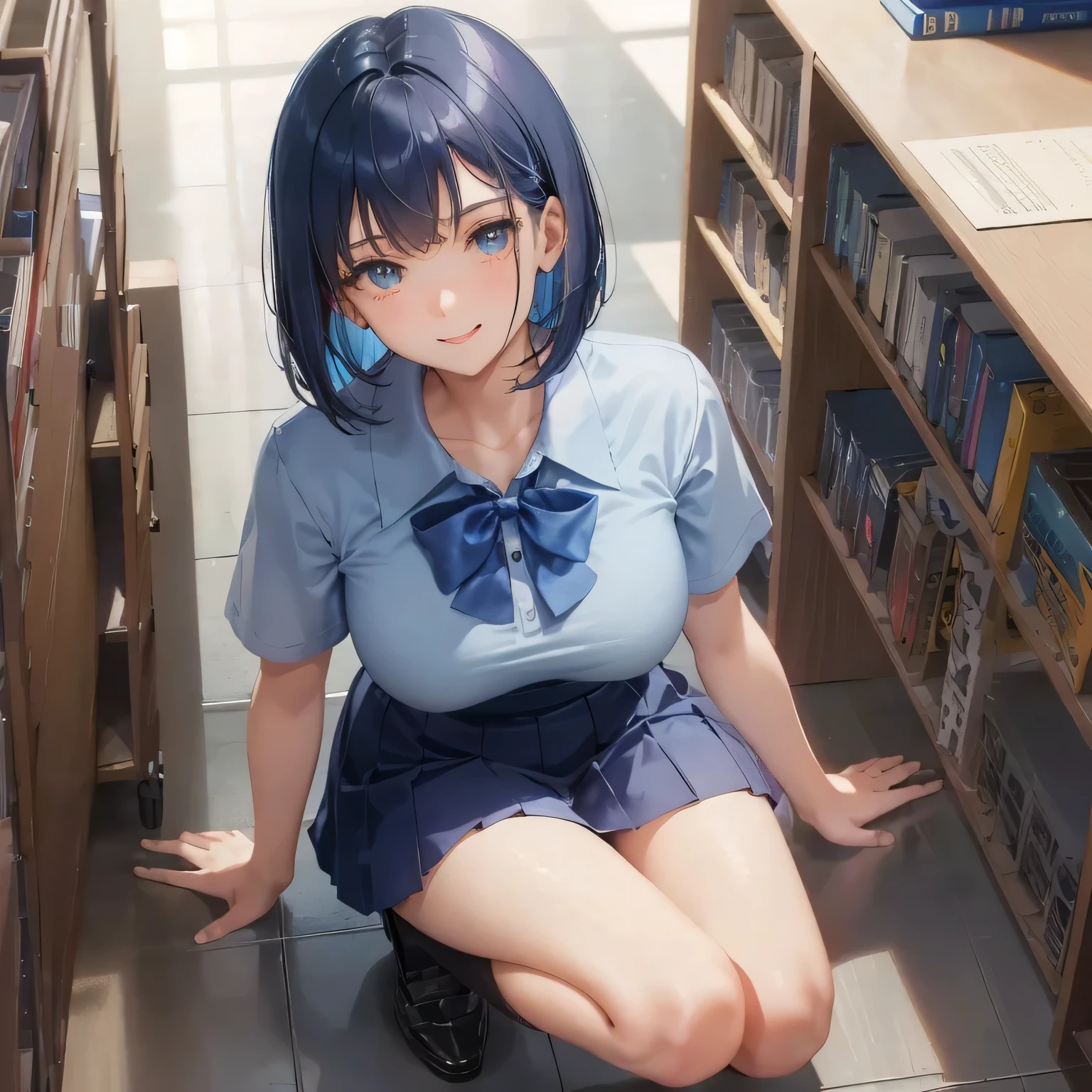 1 high school girl　 female　bob cut　dark blue hair color　high school uniform　Light blue Y-shirt　short sleeve　blue ribbon　dark blue hair color　slender body shape　big breasts　full body portrait　学校のlibrary　smile gently　cheerful look　library　hand sign　squat　kneel down　look up here　