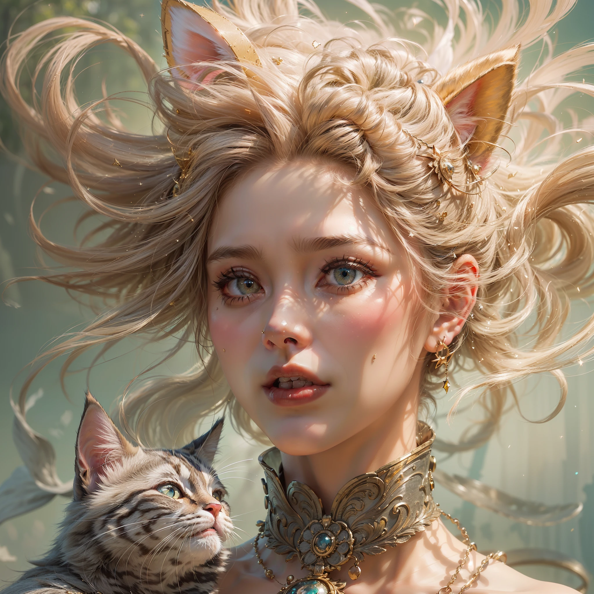 ((cat ears on head:1.5)), (Numerous award-winning masterpiece, incredibly detailed, textured and maximally detailed), (full body standing image:1.9), (surrealistic:1.4), (stunning anatomically perfect and beautiful style:1.9), top qualityreal texture skin, (accurate, perfect circles, symmetrical eyes), detailed face, ((medieval world)), ((sylphid, wind spirit in the sky)), (elegant dress dancing in the wind is elaborately finished in every detail.(The smile of liberated joy on her mouth:1.8), (Clear eyes full of joy:1.5), (Full body standing image:1.9), (Use the magic of the graceful wind:1.7), (Pure and elegant image:1.6), (Swirling wind and sea of clouds in the background:1.5), (Dramatic light), (Magnificent(Her expression is soft and beautiful.), (magnificent scene), (dramatic light), (magnificent light), (her expression is soft and beautiful.), (her expression is soft and beautiful.)(Dramatic photo:1.4), (Dramatic pose), ((Elegant flying pose)), (Golden hair), (Platinum blonde hair), (Silver hair), (Chestnut hair), Short-cut hair, ((Looking up)), (((looking down)), (around her neck, a simple necklace wrapped with ancient and elaborate workmanship. :1.3)), (aura encircling glistening body:1.6)), (swirling wind:1.4)), old ruins overgrown with vegetation, great temple, cathedral, temple ruins, temple away from temple, (shining magic circle), ruins of ancient castle, desolate ruin, crumbling ruins, ancient ruins with clear water, holy light, magnificent realistic(HDR:1.5), (subdued colors:1.2), highly detailed, cinematic, warm light, dramatic light, (complex details:1.1), complex background, highly detailed, surreal, complex details, painting (artwork), ((masterpiece,top quality)), ((cinematic light)), that's awfulDark Fantasy, Faded, ((Neutral Color)), Art, (Art Station:1.5), Light Effects, (Intricate Detail:1.1), Intricate Background, (Greg Rutkowski:0.8), (Teal and Orange:0.4)