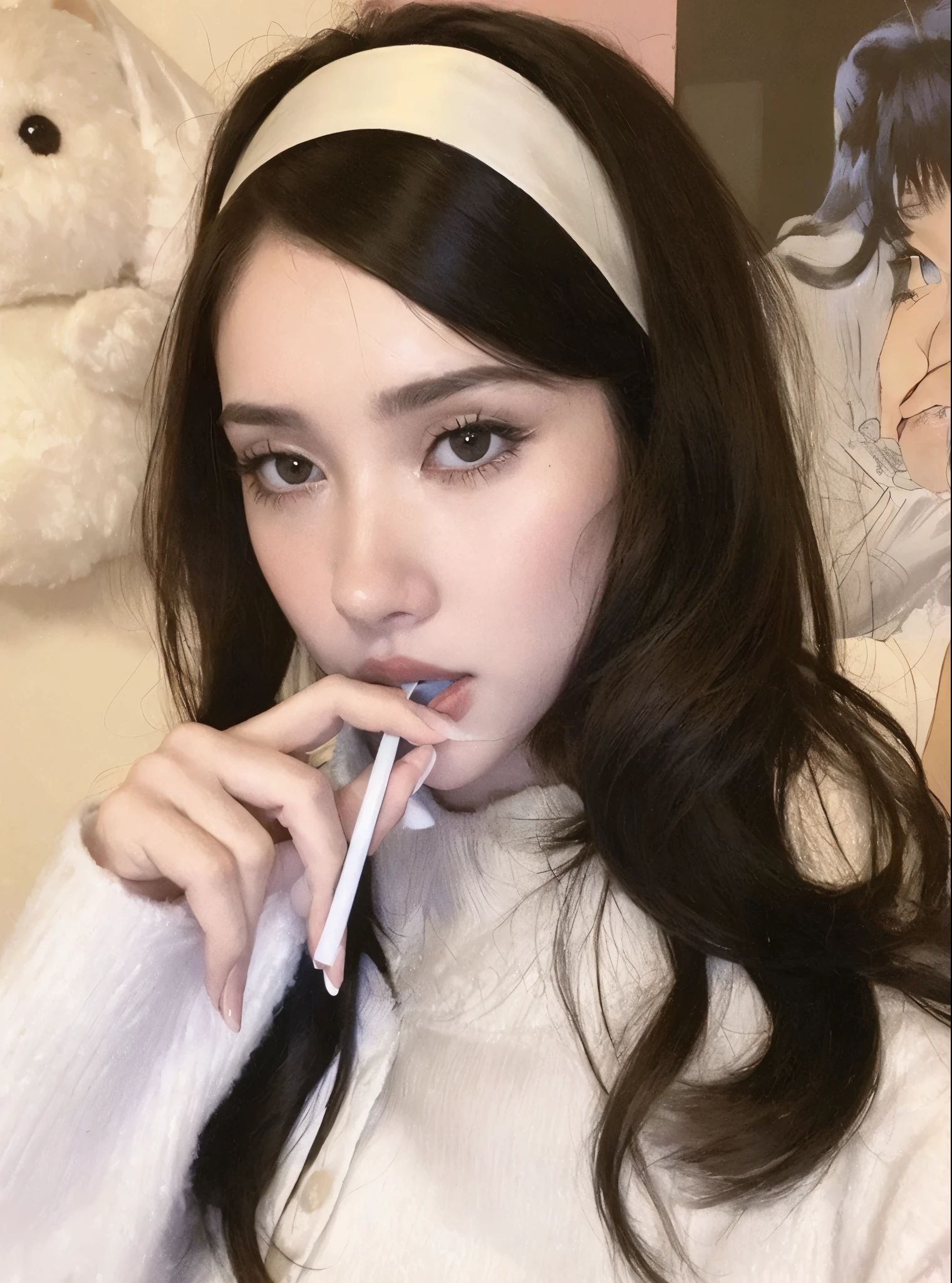 Arafed woman with a white headband brushing her teeth., bella delfina, ilya kuvshinov y artgerm, kuvshinov ilya, ilya kuvshinov con pelo largo, chica anime en la vida real, artgerm e ilya kuvshinov, sakimichan, kuvshinov, sakimichan frank franzzeta