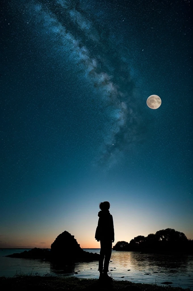 highest quality,big moon and shadow,A silhouette of a person can be seen against the background of the big moon.,There is one full moon,There is a mood,beautiful scenery,starry sky