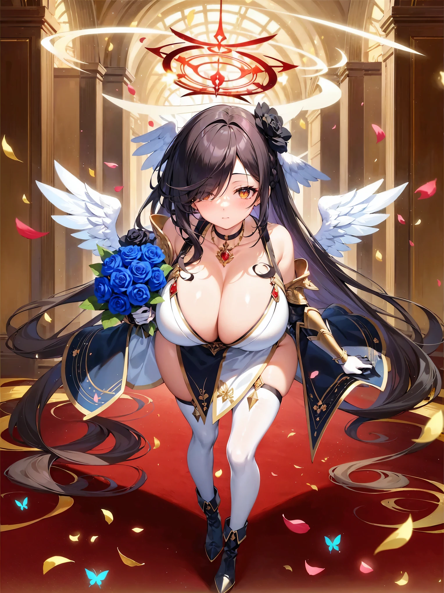 Japanimation, eroge, 35 mm, Incredibly hyper-detailed and intricately realistic, full body character, Adult, Beautiful, Female, Perfect, Half sider, Long Black Hair, Black eyes, flower in hair, Detailed face, White skin, Mature facial features of female Nordica, Cover art, zoomout, Choker, hyper detailed painting, with an intricate, 4k resolution concept art portrait, extremely high level illustration, 16k, extremely high level illustration, absurd resolution, absurd detailed, f1.4/50mm, an extremely beautiful girl, extremely and highly detailed beautiful face and eyes, look of nobility and dignity, an beautiful detailed girl, (((masterpiece))), best quality, extremely detailed, dark fantasy scene, dark fantasy composition, dark, midnight, beautiful detailed glow, {beautiful detailed eyes}, looking at viewer, breasts, dress, hair ornament, hair over one eye, long hair, odd eye, red eye, yellow eye, petals, black flower, a rose girl, cleavage, falling leaves, falling petals, glint, gloves, high heels, leaves in wind, rose, rose petals, shards, thighhighs, black hair, butterfly, lotus, big breasts, very long hair, feathers, white legwear, black rose, navel, angel, angel wings, black wings, cross, feathered wings, halo, heterochromia, multiple wings, spread wings, wings, jewelry, girl, constellation, gauntlets, boots, a full body girl, floating hair, polearm, panties, a groin girl, bird wings, black feathers, winged arms, midriff, black nails, blush, head wings, large wings, multicolored wings, nail polish, tail feathers, thigh gap, eye contact, lens flare, parted lips, sparkling eyes, torn clothes, an extremely beautiful detailed mansion's corridor, perspective, depth of field, proportion, focus on face, blurry background, bokeh, sharp focus, depth and dimension, dusty