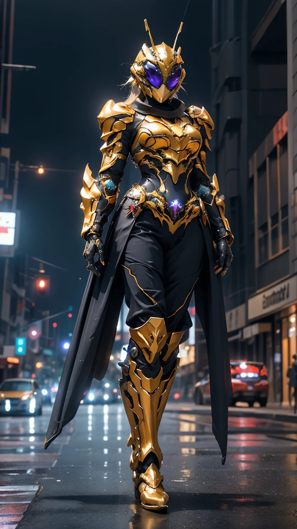 A woman adorned in fantasy-style full-body armor, a crown-concept fully enclosed helmet that unveils only her eyes, a composite layered chest plate, fully encompassing shoulder and hand guards, a lightweight waist armor, form-fitting shin guards, the overall design is heavy-duty yet flexible, ((the armor gleams with a golden glow, complemented by red and blue accents)), exhibiting a noble aura, she floats above the Futuristic city, this character embodies a finely crafted fantasy-surreal style armored hero in anime style, exquisite and mature manga art style, (Queen bee mixed with Spider concept Armor, photorealistic:1.4, real texture material:1.2), ((city night view, elegant, goddess, femminine:1.5)), metallic, high definition, best quality, highres, ultra-detailed, ultra-fine painting, extremely delicate, professional, anatomically correct, symmetrical face, extremely detailed eyes and face, high quality eyes, creativity, RAW photo, UHD, 32k, Natural light, cinematic lighting, masterpiece-anatomy-perfect, masterpiece:1.5