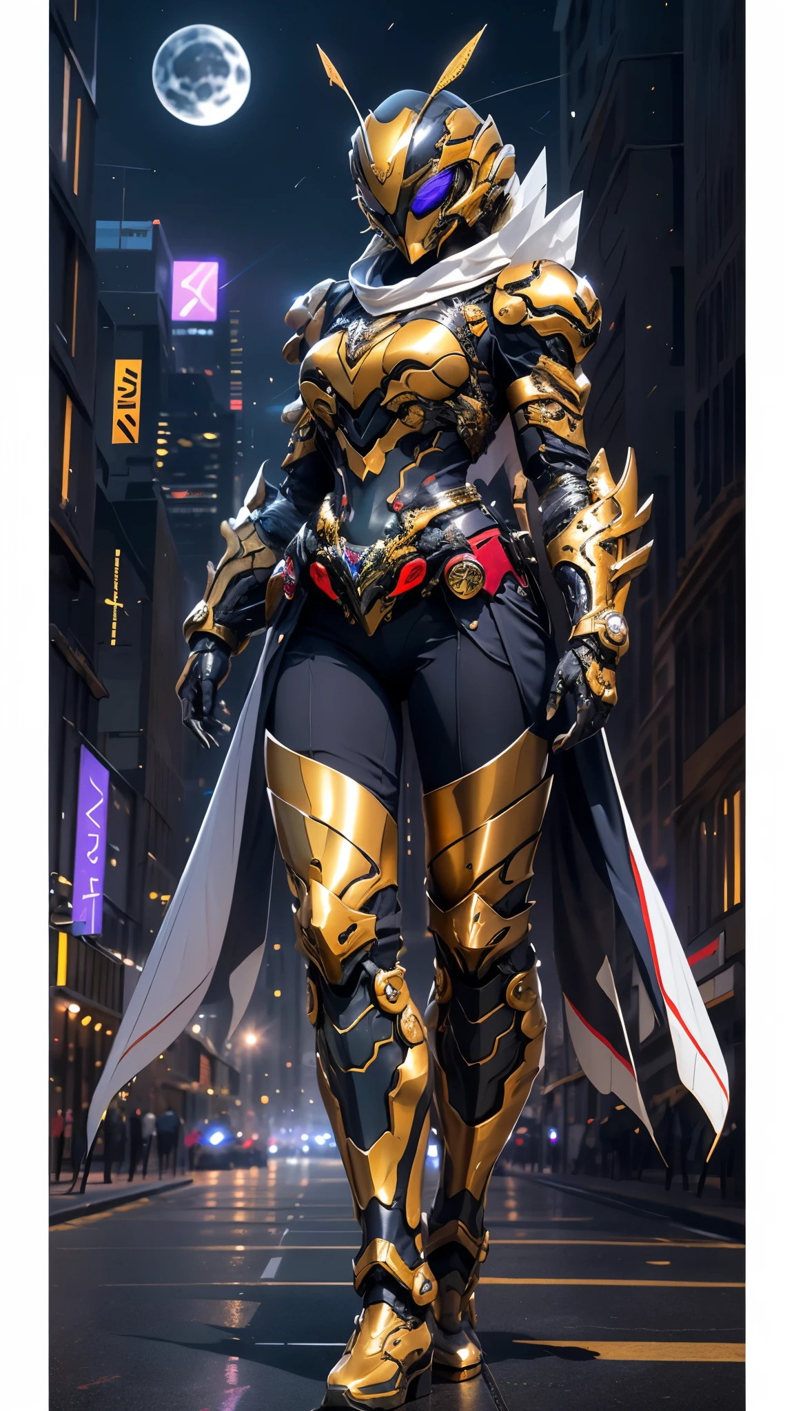 A woman adorned in fantasy-style full-body armor, a crown-concept fully enclosed helmet that unveils only her eyes, a composite layered chest plate, fully encompassing shoulder and hand guards, a lightweight waist armor, form-fitting shin guards, the overall design is heavy-duty yet flexible, ((the armor gleams with a golden glow, complemented by red and blue accents)), exhibiting a noble aura, she floats above the Futuristic city, this character embodies a finely crafted fantasy-surreal style armored hero in anime style, exquisite and mature manga art style, (Queen bee mixed with Spider concept Armor, photorealistic:1.4, real texture material:1.2), ((city night view, elegant, goddess, femminine:1.5)), metallic, high definition, best quality, highres, ultra-detailed, ultra-fine painting, extremely delicate, professional, anatomically correct, symmetrical face, extremely detailed eyes and face, high quality eyes, creativity, RAW photo, UHD, 32k, Natural light, cinematic lighting, masterpiece-anatomy-perfect, masterpiece:1.5