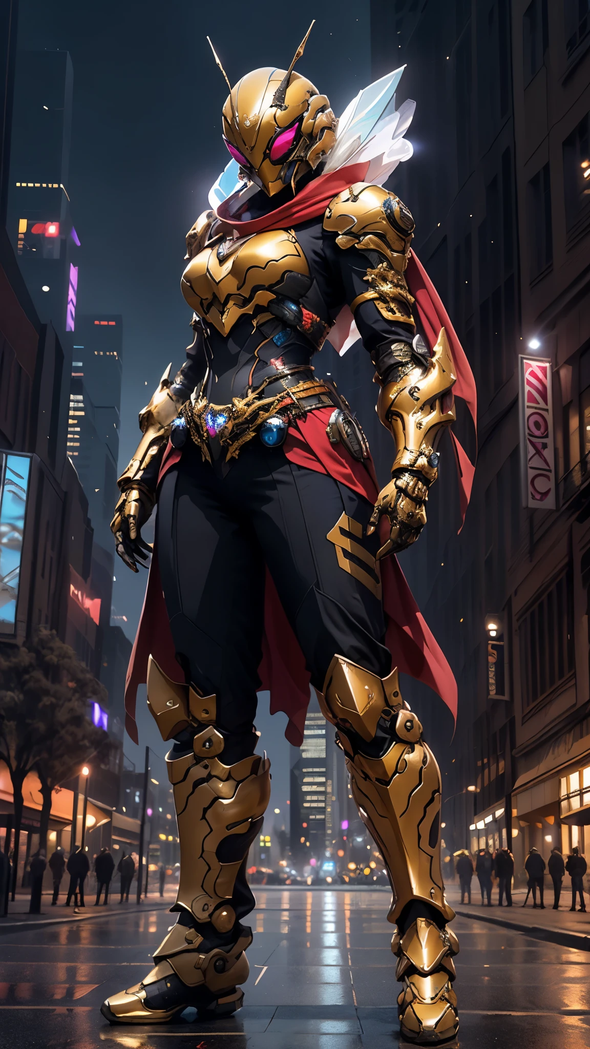 A woman adorned in fantasy-style full-body armor, a crown-concept fully enclosed helmet that unveils only her eyes, a composite layered chest plate, fully encompassing shoulder and hand guards, a lightweight waist armor, form-fitting shin guards, the overall design is heavy-duty yet flexible, ((the armor gleams with a golden glow, complemented by red and blue accents)), exhibiting a noble aura, she floats above the Futuristic city, this character embodies a finely crafted fantasy-surreal style armored hero in anime style, exquisite and mature manga art style, (Queen bee mixed with Spider concept Armor, photorealistic:1.4, real texture material:1.2), ((city night view, elegant, goddess, femminine:1.5)), metallic, high definition, best quality, highres, ultra-detailed, ultra-fine painting, extremely delicate, professional, anatomically correct, symmetrical face, extremely detailed eyes and face, high quality eyes, creativity, RAW photo, UHD, 32k, Natural light, cinematic lighting, masterpiece-anatomy-perfect, masterpiece:1.5