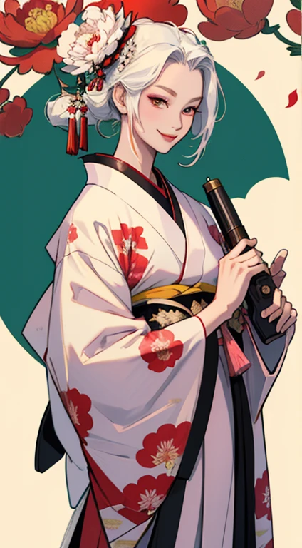 Geisha warrior, 30 years old, mischievous smile, simple kimono with peony pattern, neat and neat hair, white skin, heavy makeup, wearing old Japanese armor, holding a gun, in the middle of a battlefield, Shikoku