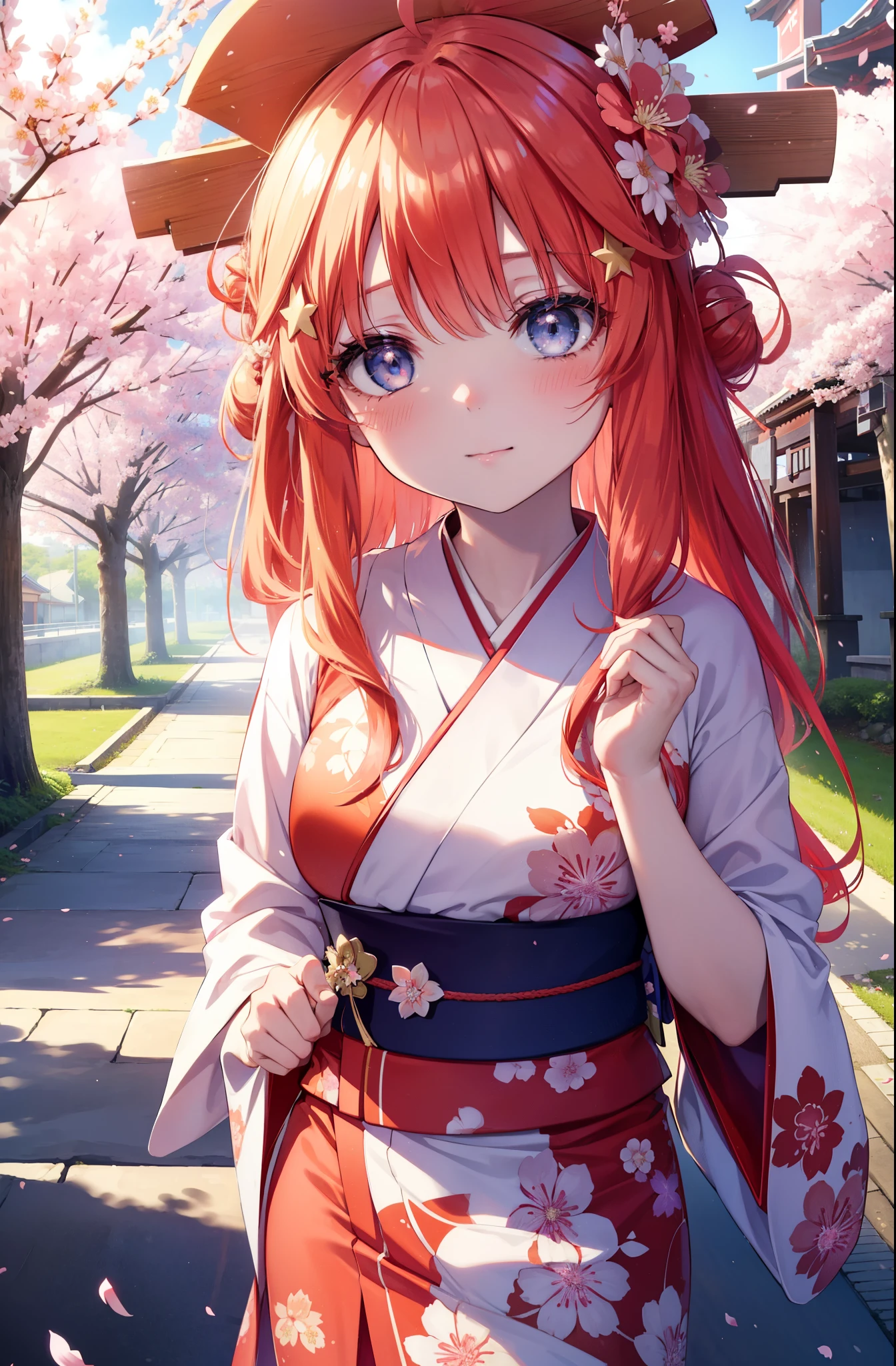 itsukinakano, Itsuki Nakano, bangs, blue eyes, hair between eyes, Ahoge,hair tied back,,long hair, redhead, star \(symbol\), hair ornaments, star hair ornaments,smile,blush,Gorgeous kimono with red floral pattern,white foot bag,Zori cherry blossoms are blooming,Cherry blossoms are scattered,Cherry blossom tree-lined path,Put your hands together and put them on your stomach,
break outdoors, shrine,torii,
break (masterpiece:1.2), highest quality, High resolution, unity 8k wallpaper, (figure:0.8), (detailed and beautiful eyes:1.6), highly detailed face, perfect lighting, Very detailed CG, (perfect hands, perfect anatomy),
