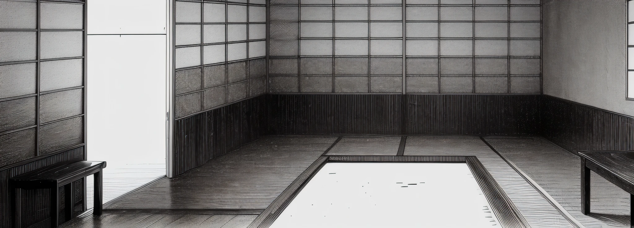 there is a drawing of a room with a window and a bench, square tile living room waterway, inspired by Goyō Hashiguchi, Ninchaku, inspired by Inshō Dōmoto, Japanese bathhouse, inspired by Eizō Katō, inspirado en Gusukuma Seiho, hikkikomori