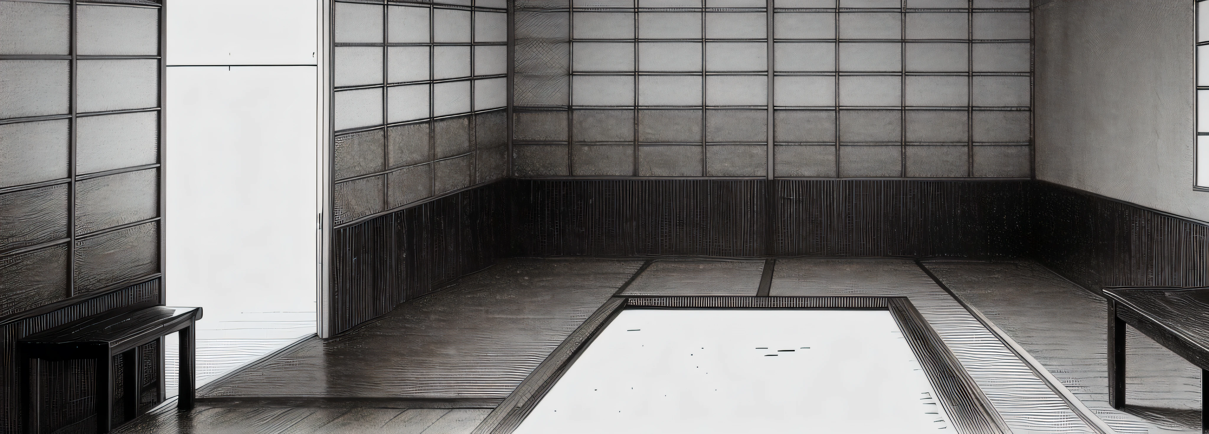 there is a drawing of a room with a window and a bench, square tile living room waterway, inspired by Goyō Hashiguchi, Ninchaku, inspired by Inshō Dōmoto, Japanese bathhouse, inspired by Eizō Katō, inspirado en Gusukuma Seiho, hikkikomori