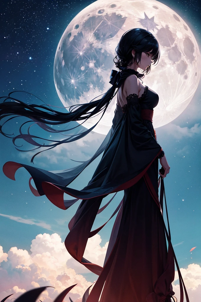 highest quality,big moon and shadow,A silhouette of a person can be seen against the background of the big moon.,There is one full moon,There is a mood,beautiful scenery,starry sky