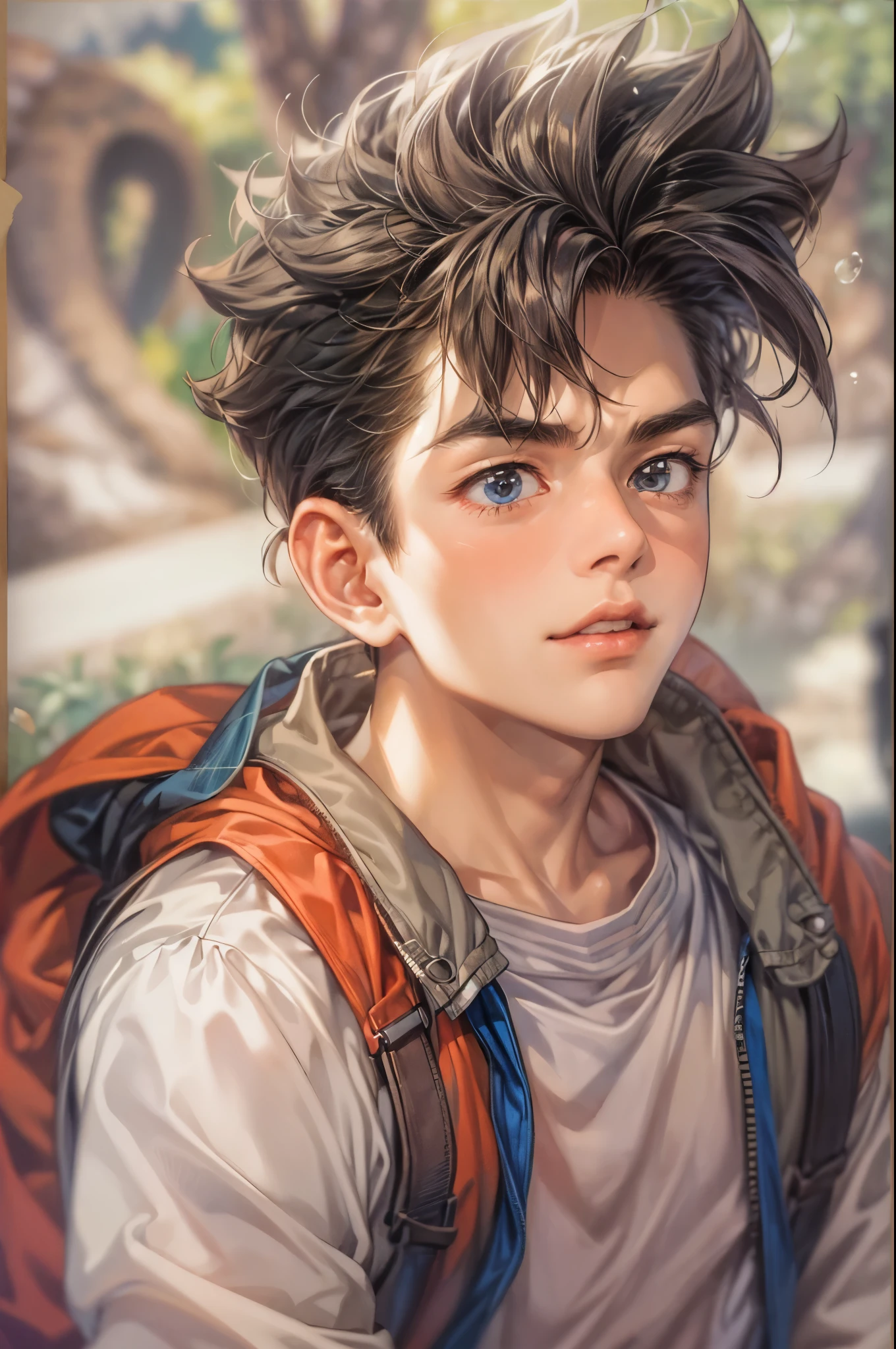 ((Best quality)), ((masterpiece)), (detailed), ((perfect face)), ((halfbody)) handsome face, male, teen boy, perfect proportions , a character from anime Dragon ball Z, akira toriyama art style, short hair, male version , detailed ghibli interior scenery background