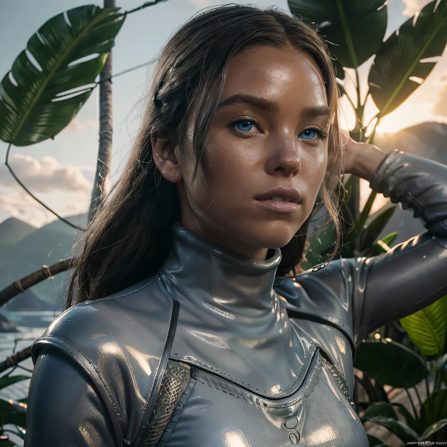 ((Milly Alcock)) as Lara Croft Tomb Raider, (wearing a grey silver pvc turtleneck wetsuit:1.3), posing in an ancient Mayan lagoon, jungle plants, jungle flowers, raging fires in background, sunset setting, tropical birds in sky, wet skin, red wavy hair, photoreal render,high contrast image, rendering by octane,zbrush。character design,realisticlying,unreal-engine,ultra - detailed,concept-art,trends in art station。 ((best quality)), ((masterpiece)), ((realistic)), (detailed), blue eyes, highly detailed skin and hair, looking at the viewer, Fantasy art,stunning gradient colors,detailed background,extremely detaile, tmasterpiece),HDR, front view,