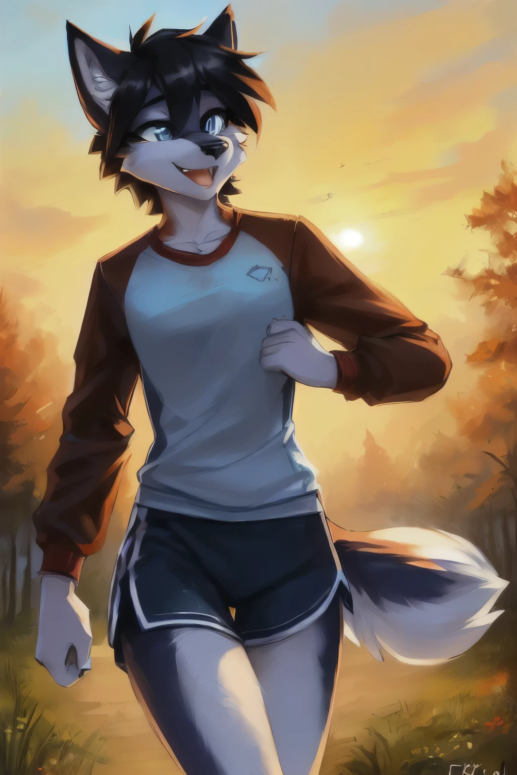 by fluff-kevlar, by Zackary911, by Kenket, by Kilinah, by fluff-kevlar, (masterpiece),(femlae focus:1.3), female furry, (best quality), (anthro furry:1.3, snout:1.2, anthro:1.3, furry:1.2, solo female:1.2), (extremely detailed:1.3), (extremely detailed eyes), (extremely detailed hands), (extremely detailed mouth), (athletic figure, lithe figure), (slim body), (small breastedium thighs), (small butt), casual clothing, modern clothing, (jogging, perfect posture, happy expression), short hair, black hair, Siberian husky, blue eye color,, (cowboys shot:1.3), simple backgound, simple background color