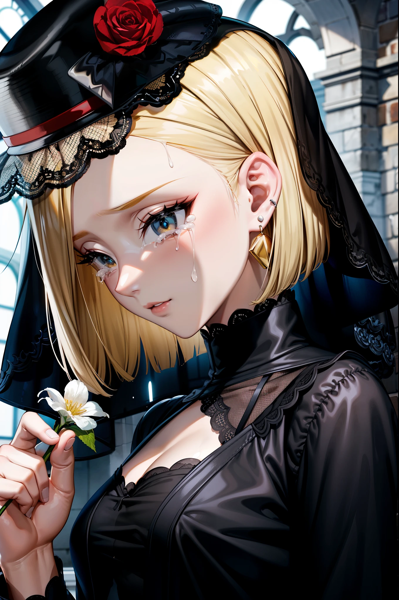 highest quality, High resolution, and 18, 1 girl, android 18, alone, blonde hair, short hair, earrings, jewelry, (black mourning dress:1.3), Black formal dress, (Black little hat:1.3), (black lace veil:1.3), medium breasts, look down, close your eyes, (tears:1.1), from an angle, from the side, close up, silent prayer, holding a white flower in your hand, church background