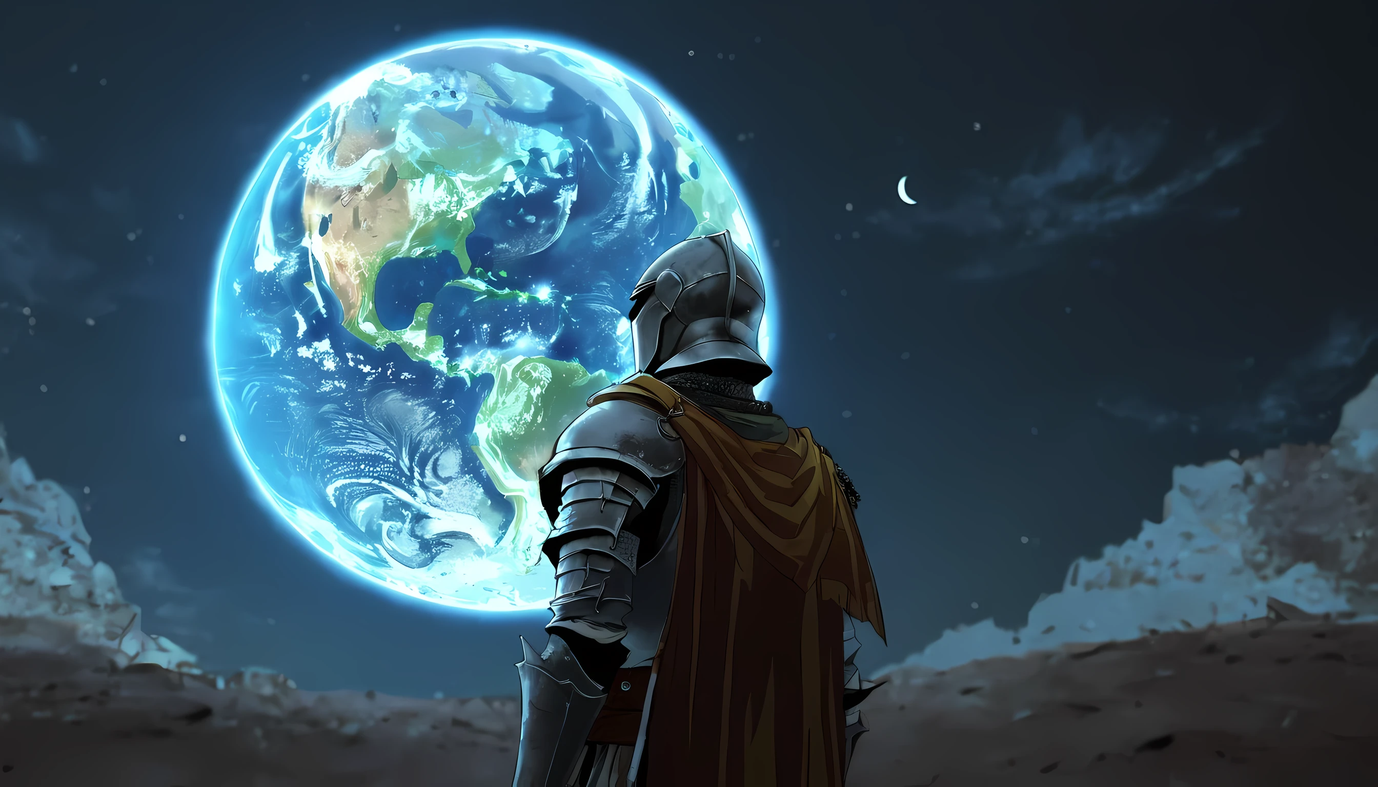 A masterpiece digital art, high resolution, anime style, 4k wallpaper, a head portrait of knight standing on moon looking at earth