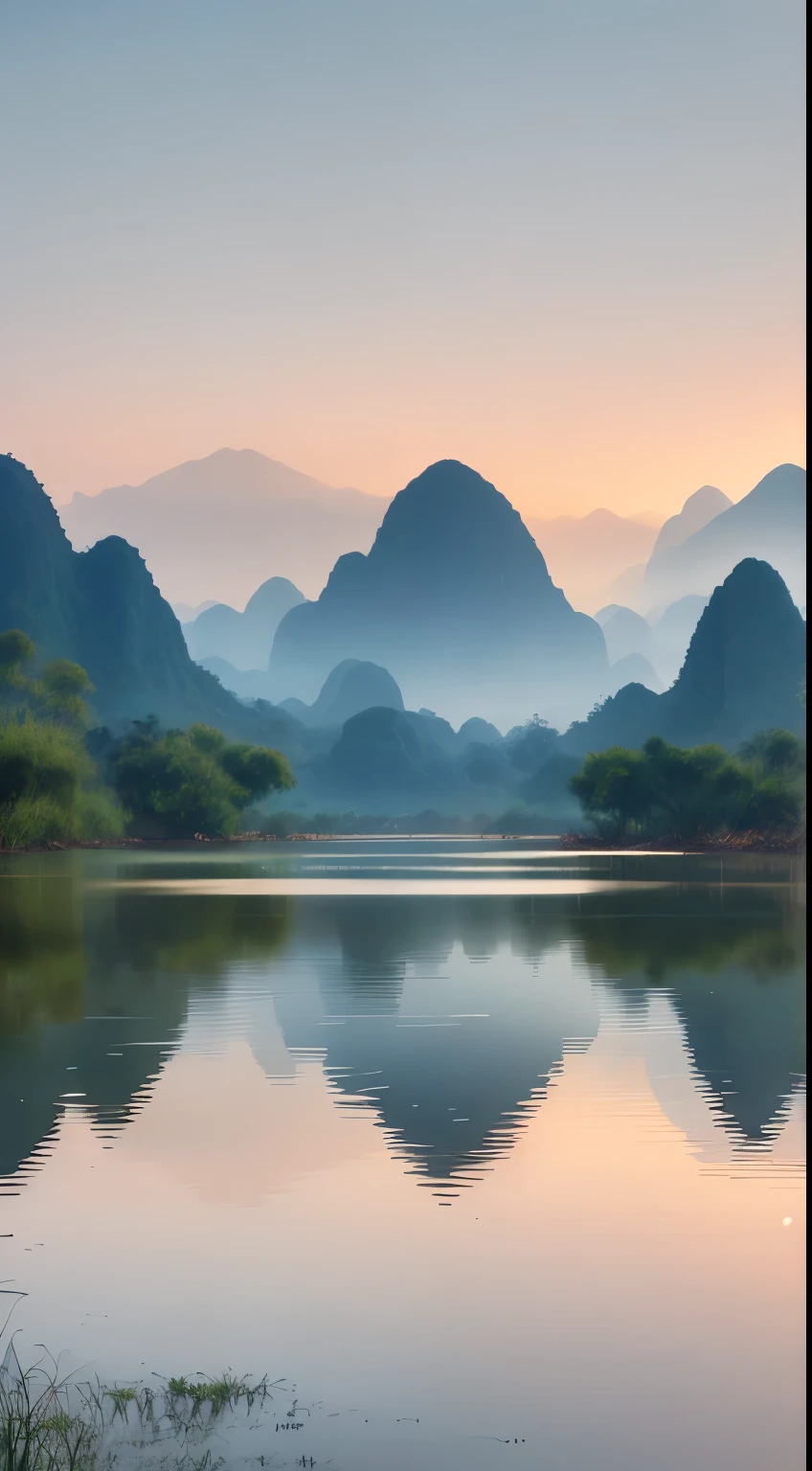 In the distance are mountains，The foreground is a patch of water, in a peaceful scenery, in the early morning, peaceful scenery, early morning, beautiful peaceful scenery, jungles of vietnam beautiful, peace and tranquility, laos, early morning, beautiful morning, very Beautiful scenery, peaceful scenery, fantasy scenery, Beautiful scenery, mysterious environment, peaceful scene