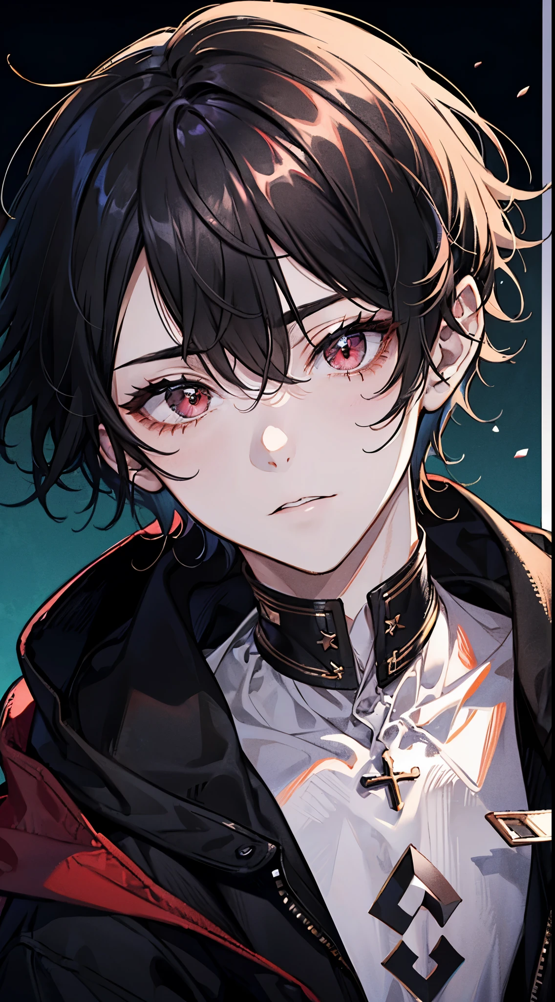 a boy with black hair and red eyes. messy hair. staring blankly. wearing a black hoodie. (Close-up:1.1)