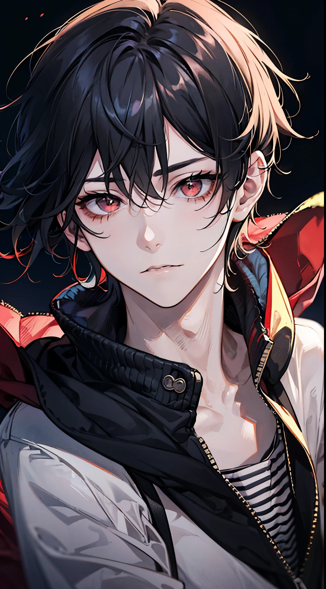 a boy with black hair and red eyes. messy hair. staring blankly. wearing a black hoodie. (Close-up:1.1)