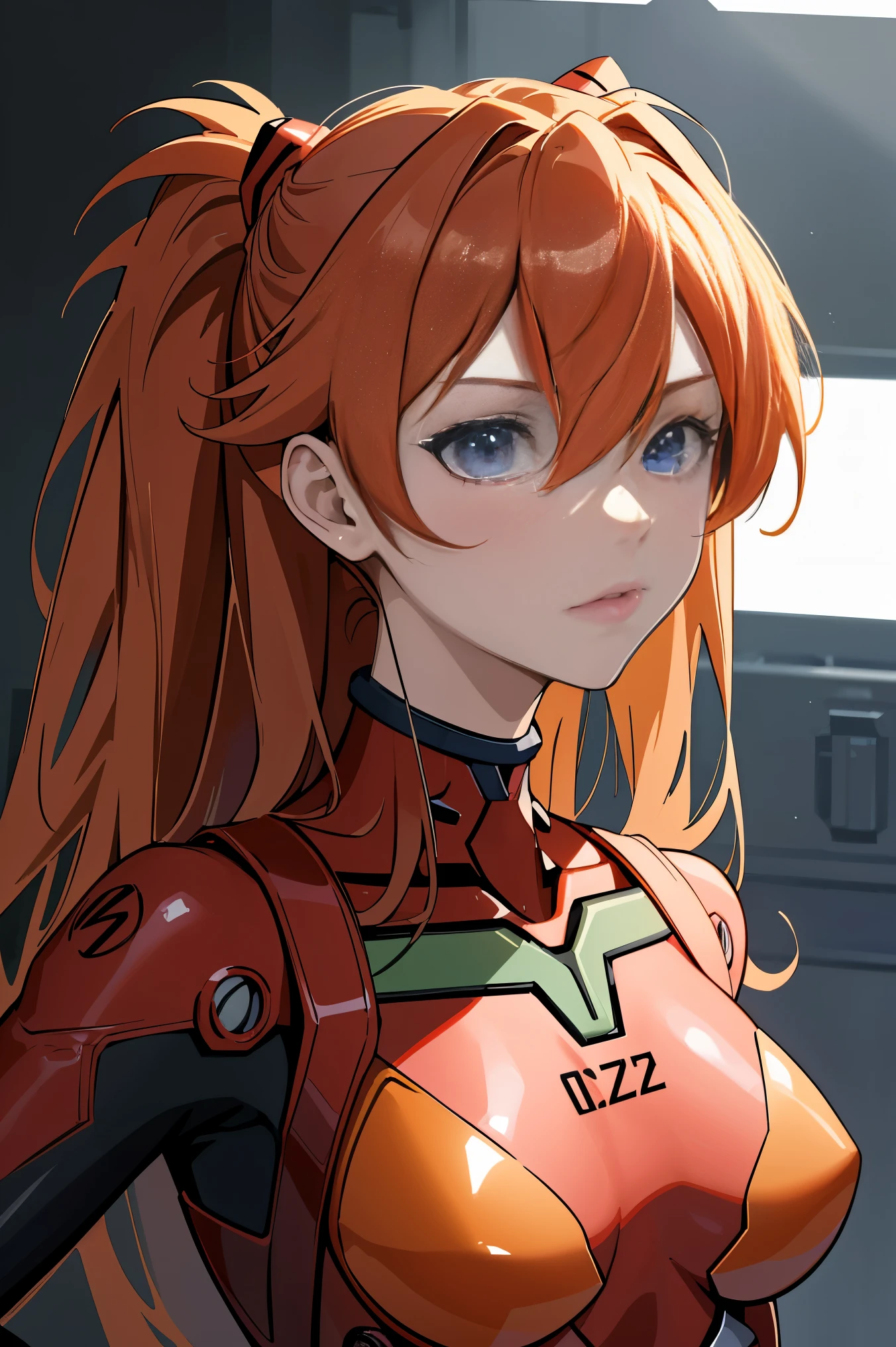 (masterpiece, best quality), 1girl, beautiful face, beautiful body, souryuu_asuka_langley, plugsuit, bodysuit, interface headset, red bodysuit, hair between eyes, pilot suit