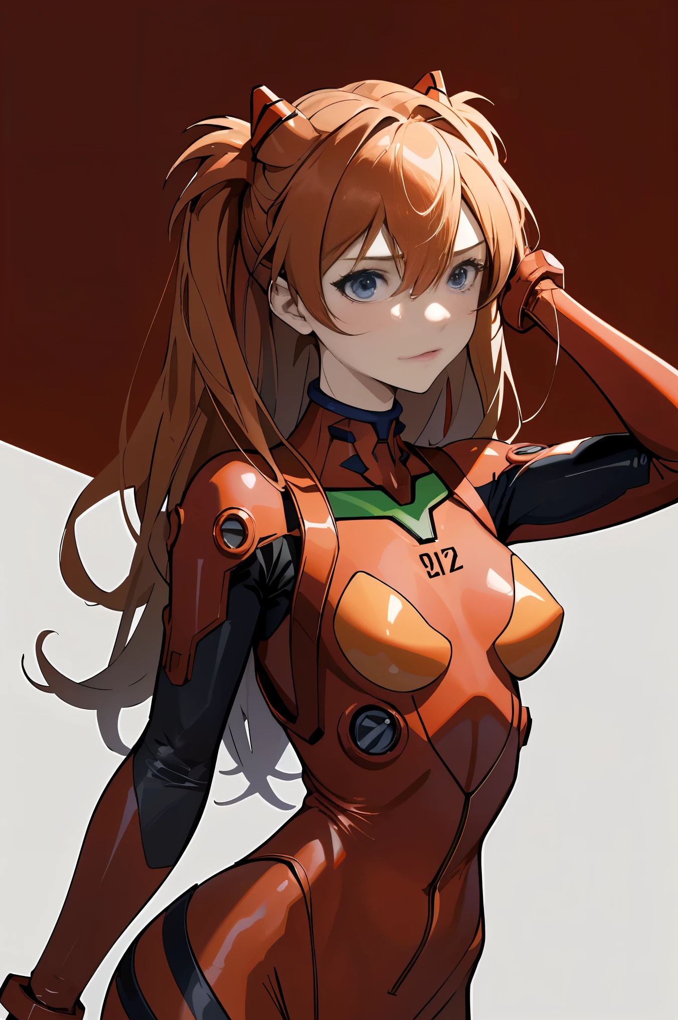 (masterpiece, best quality), 1girl, beautiful face, beautiful body, souryuu_asuka_langley, plugsuit, bodysuit, interface headset, red bodysuit, hair between eyes, pilot suit