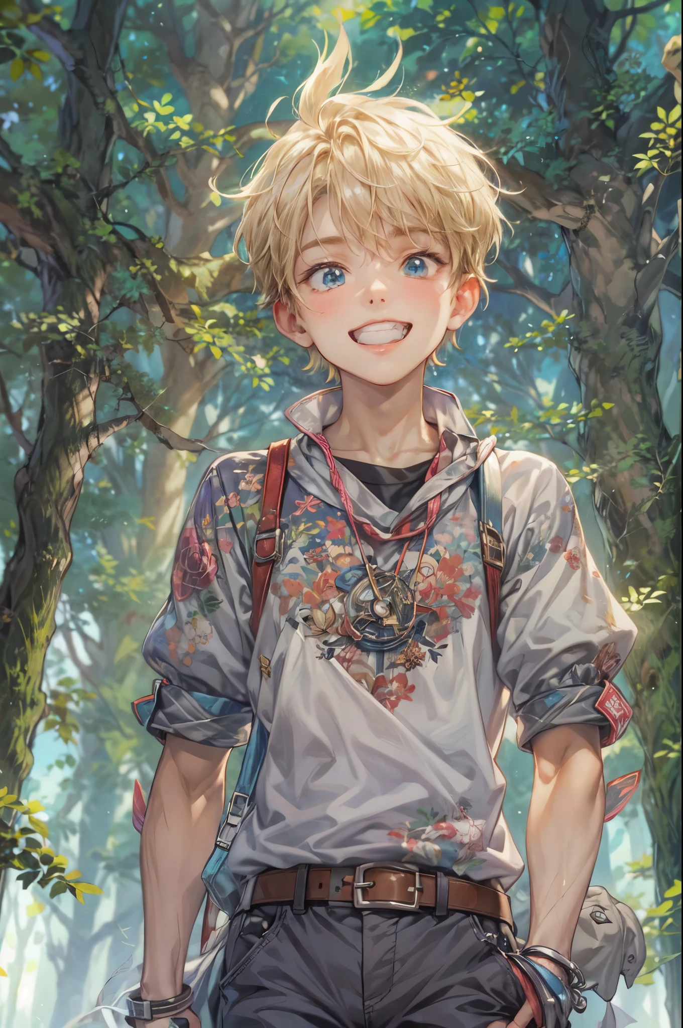 ((Best quality)), ((masterpiece)), (detailed), ((perfect face)), ((halfbody)) handsome face, male, teen boy, perfect proportions , a character from anime groove adventure Rave, blonde hair, male version , hiro mashima art, detailed ghibli forest background, detailed ghibli scenery background
