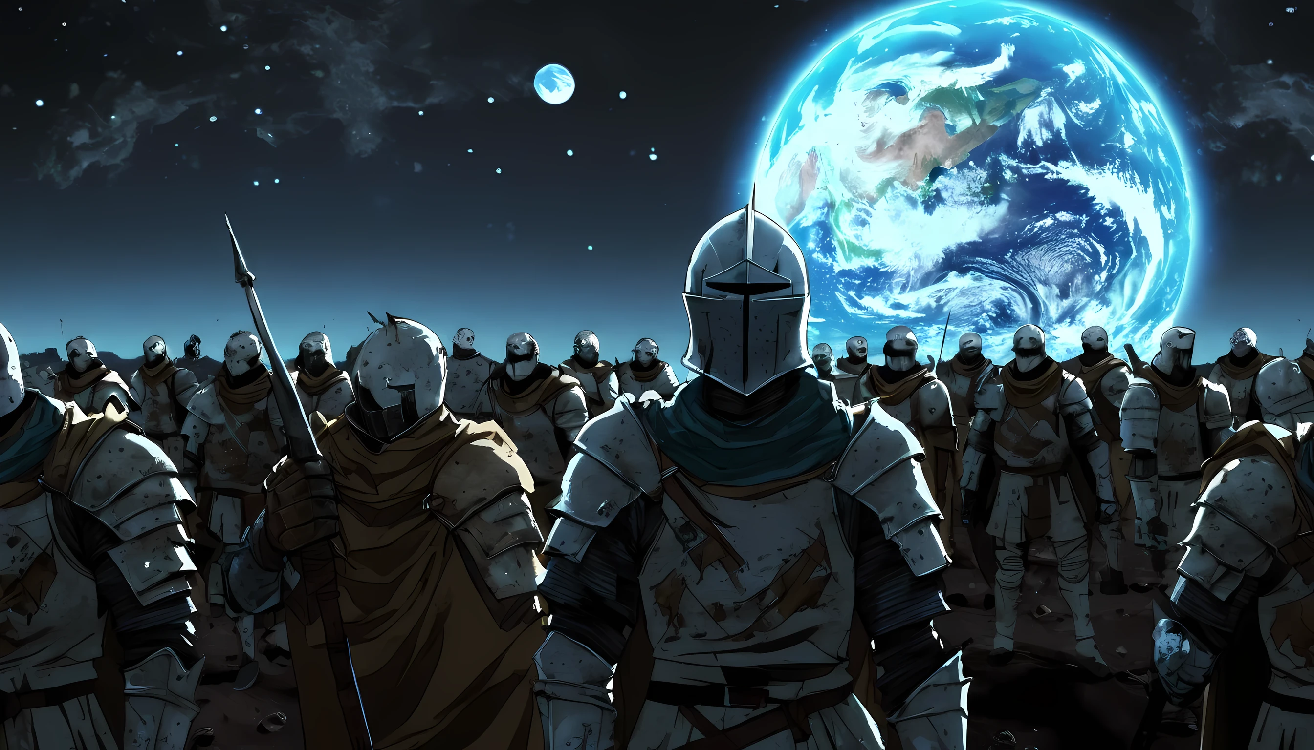 A masterpiece digital art, high resolution, anime style, 4k wallpaper, a head portrait of knight with his troops on moon looking at earth, getting ready to invade earth