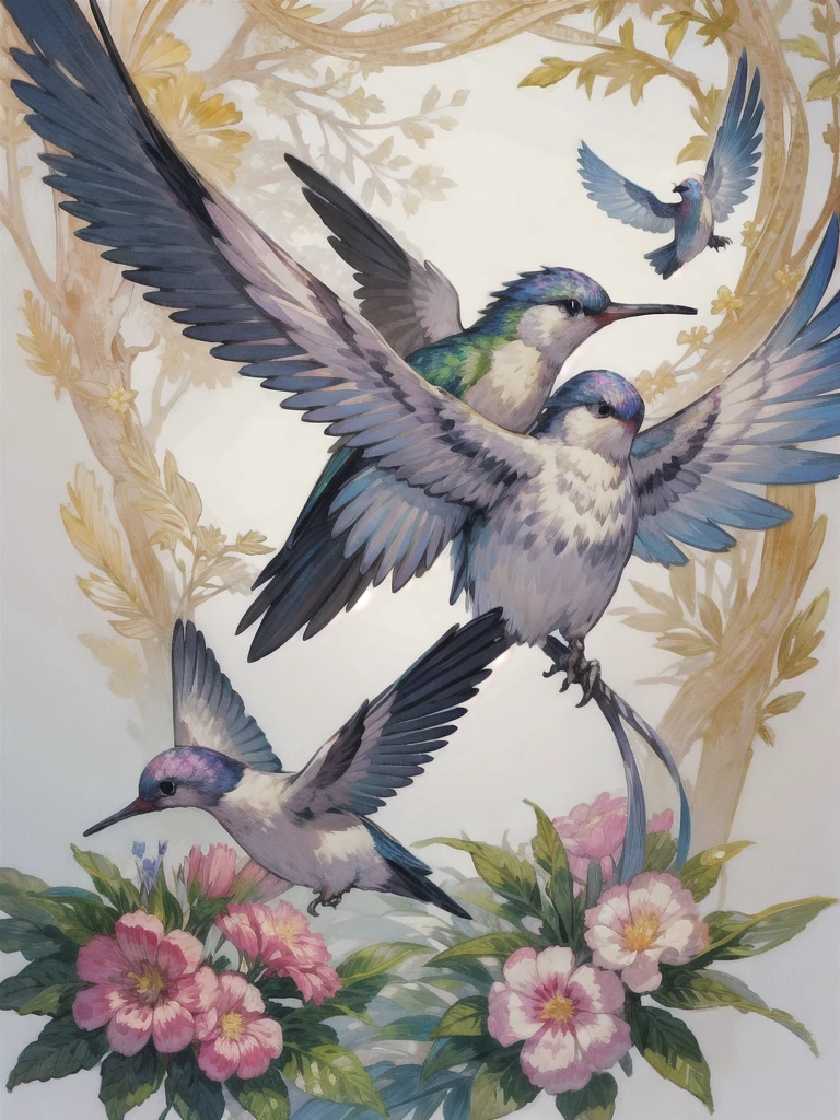 1 bird , solo, (hummingbird), long beack, logo, hunger games, intricate background, floral background, (masterpiece)