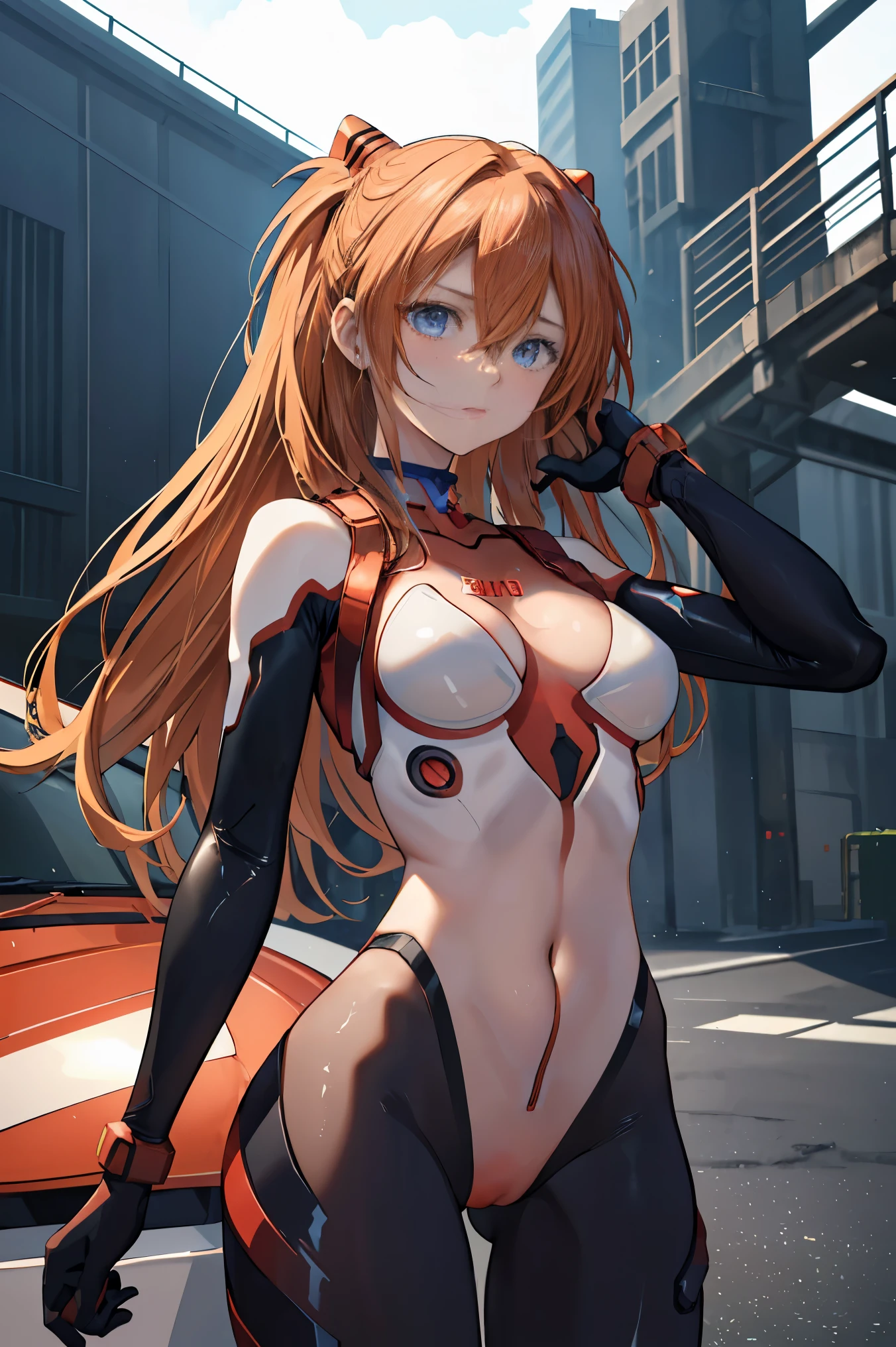 (masterpiece, best quality), 1girl, beautiful face, beautiful body, souryuu_asuka_langley, plugsuit, bodysuit, interface headset, red bodysuit, hair between eyes, pilot suit