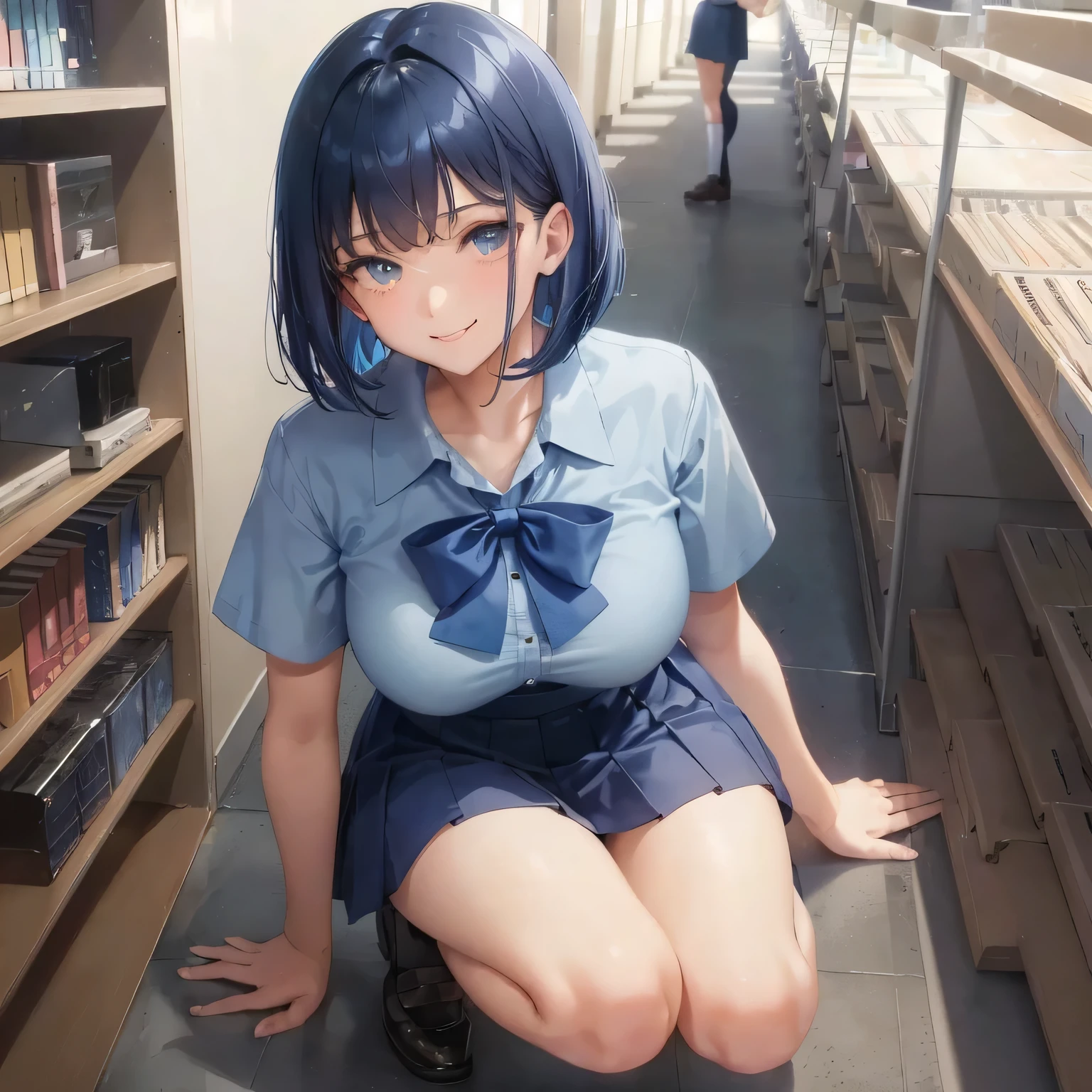 1 high school girl 17 year old female bob cut dark blue hair color high school uniform Light blue Y-shirt short sleeve blue ribbon dark blue hair color slender body shape big breasts full body portrait 学校のlibrary smile gently cheerful look library hand sign squat kneel down look up here