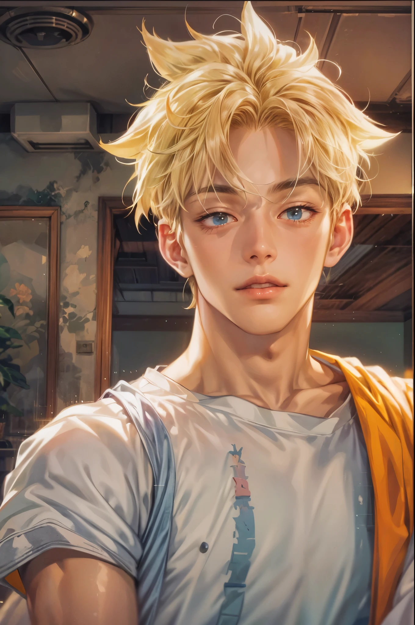 ((Best quality)), ((masterpiece)), (detailed), ((perfect face)), ((halfbody)) handsome face, male, teen boy,  perfect proportions , a character from anime Dragon ball Z, akira toriyama art style, short hair, male version , detailed ghibli interior scenery background 