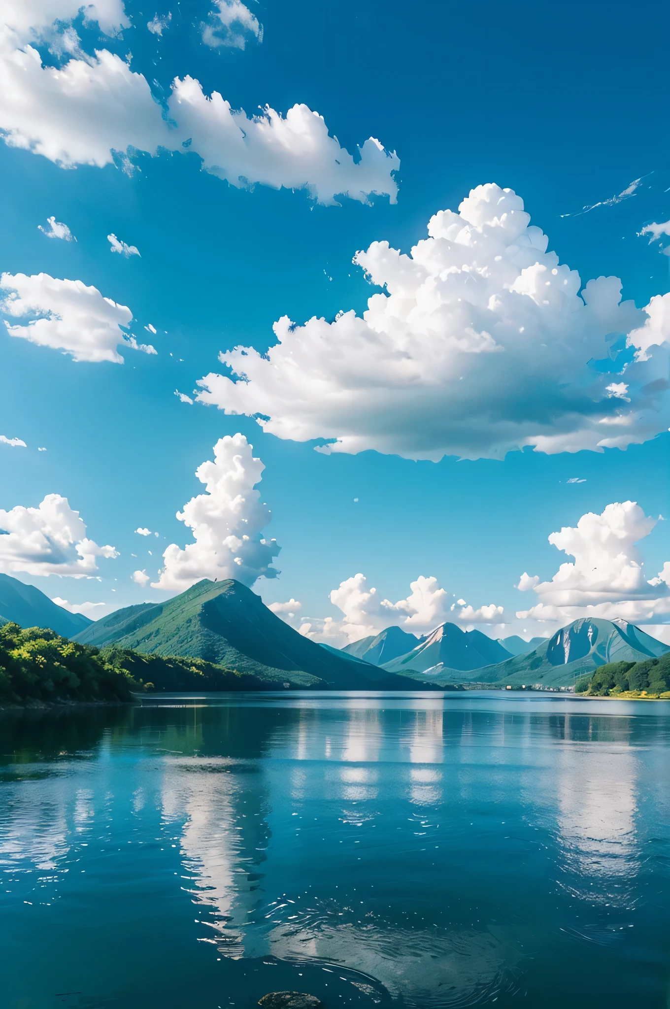a lake,There is a profound feeling, Against the backdrop of towering mountains, plain sky, Stylized anime illustrations,no cloud-ar9:16 stylized 1000